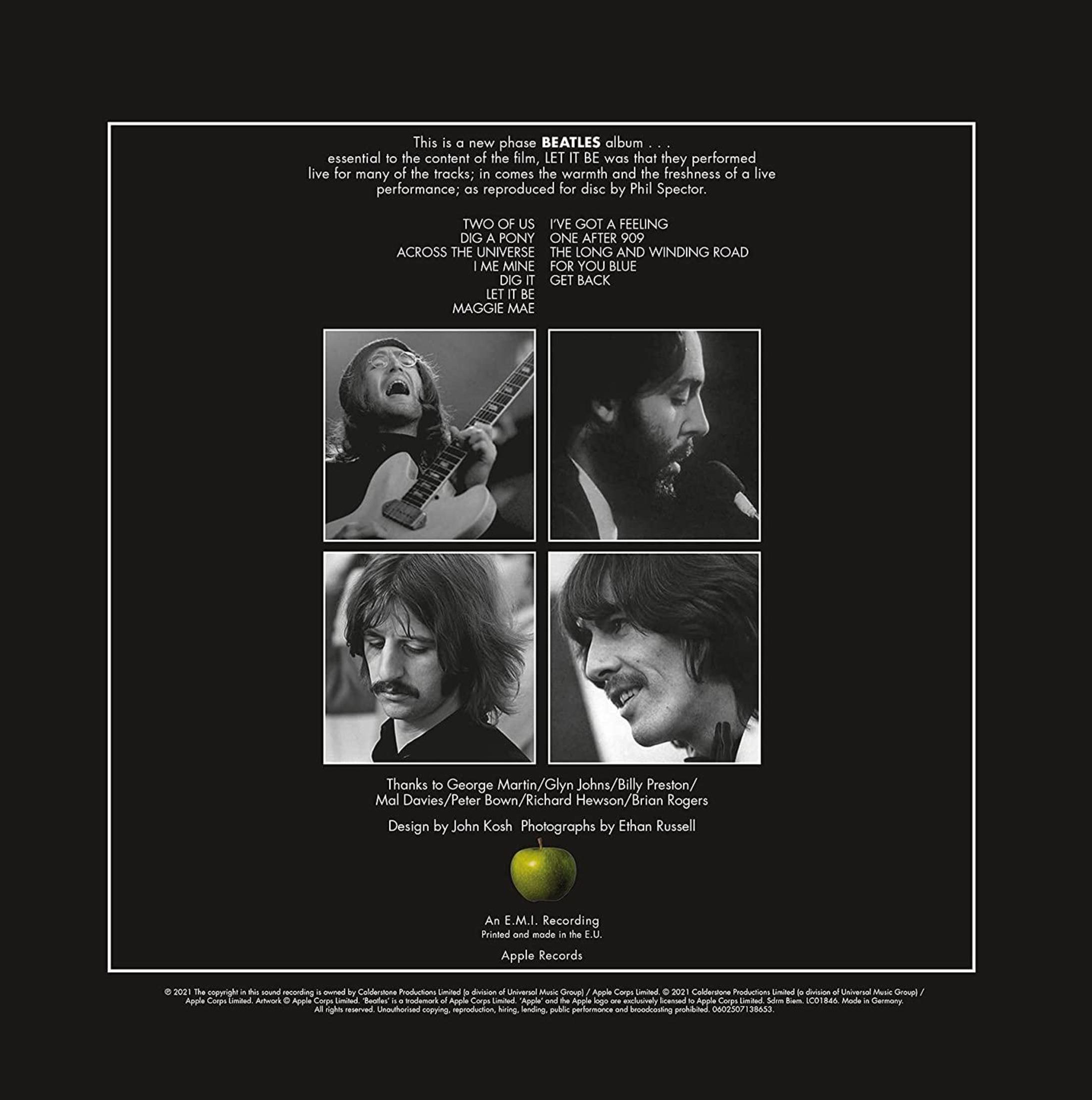 Albumhoes met afbeeldingen van The Beatles. Zwarte achtergrond. Songtitels worden vermeld.
