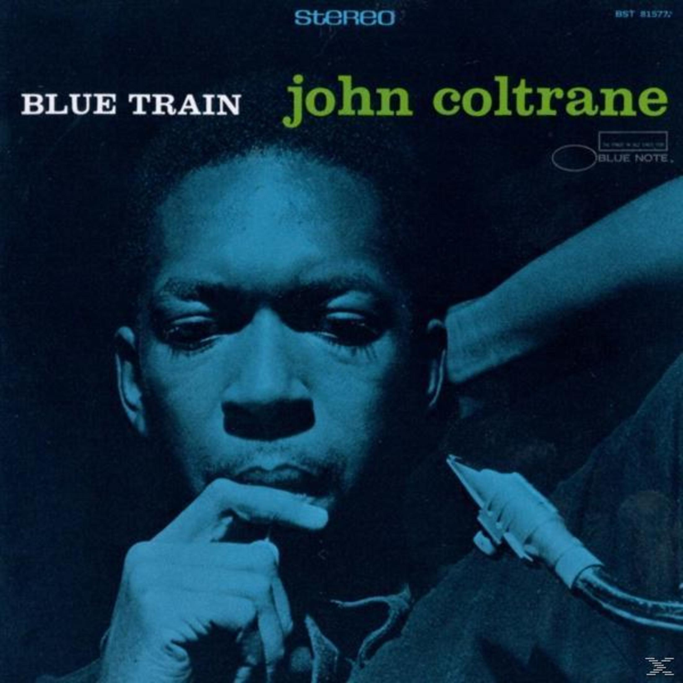 John Coltrane albumhoes, een man met een tot nadenken stemmende uitdrukking. Blauwe en zwarte kleuren.