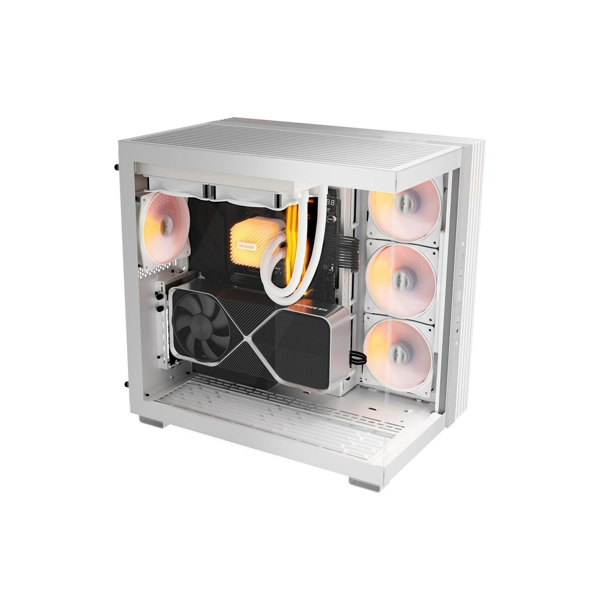 Computer case with components. White case with internal fans and cooler.