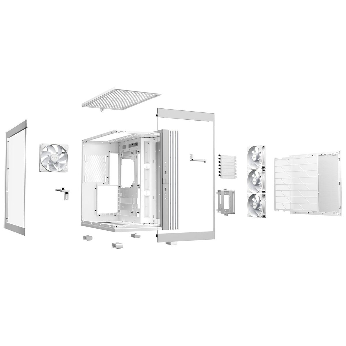 Computer case components exploded view. White case, fans, and glass panels.