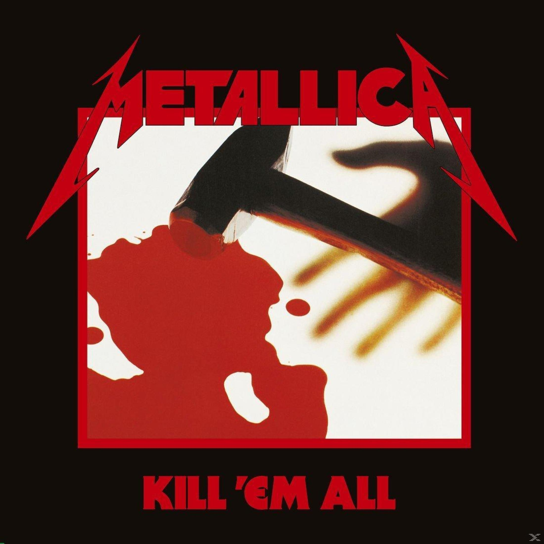 Copertina dell'album dei Metallica. Una mano che martella una testa insanguinata. Il titolo è KILL 'EM ALL.