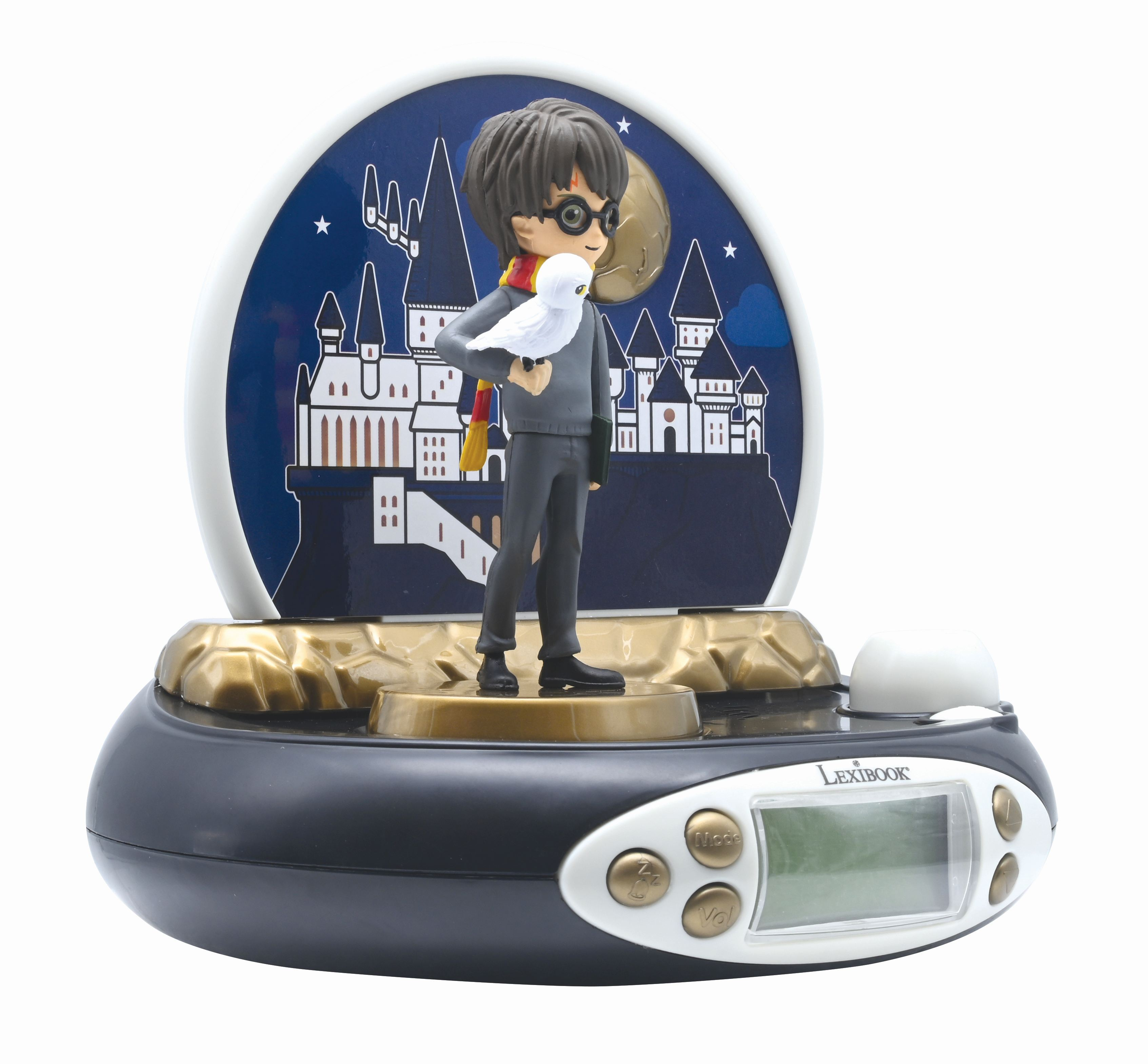 Figura de Harry Potter con búho en un reloj. Fondo azul con diseño de castillo. Fondo blanco.