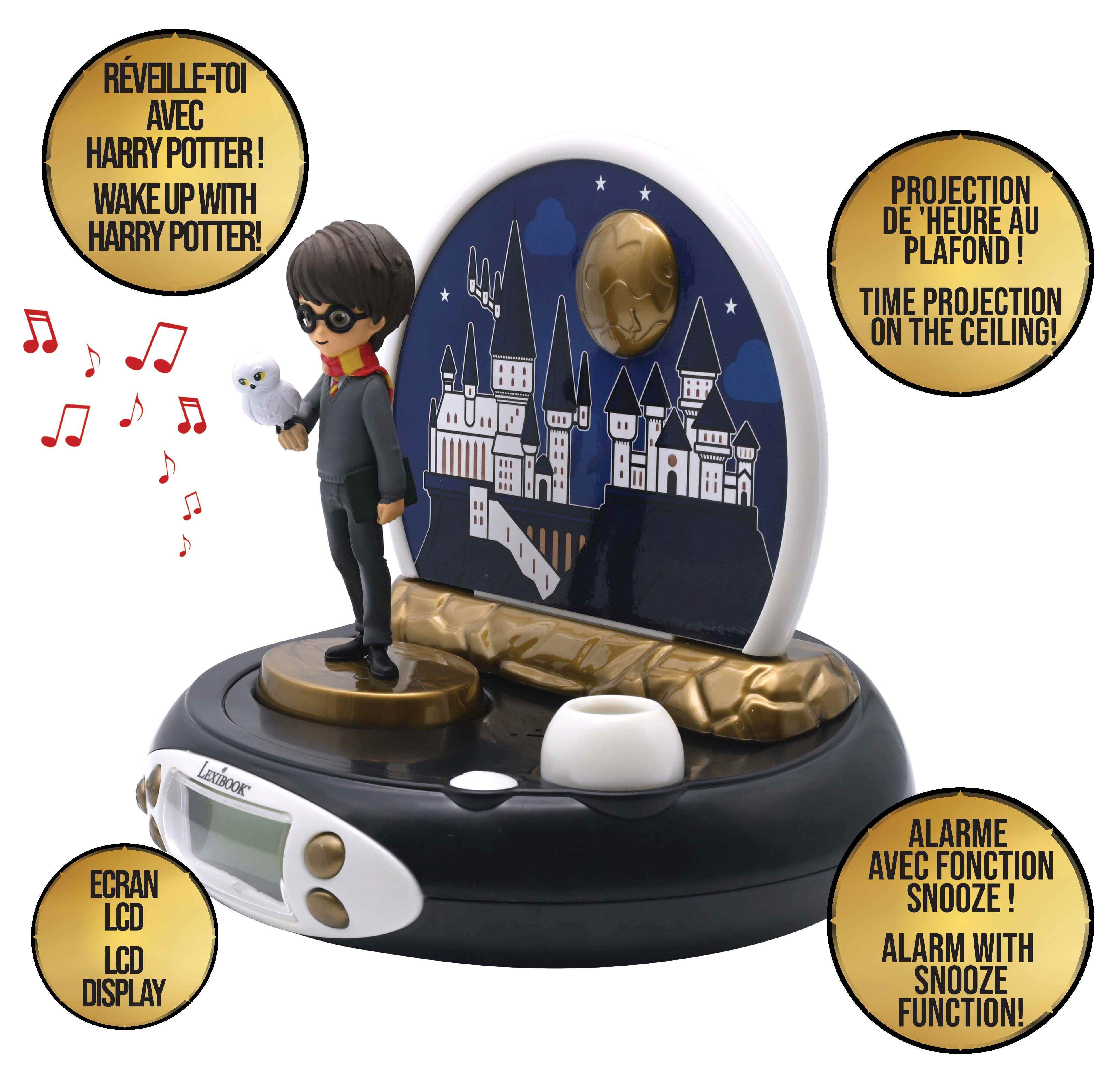 Despertador de Harry Potter con figura y escena de Hogwarts, más burbujas de texto.