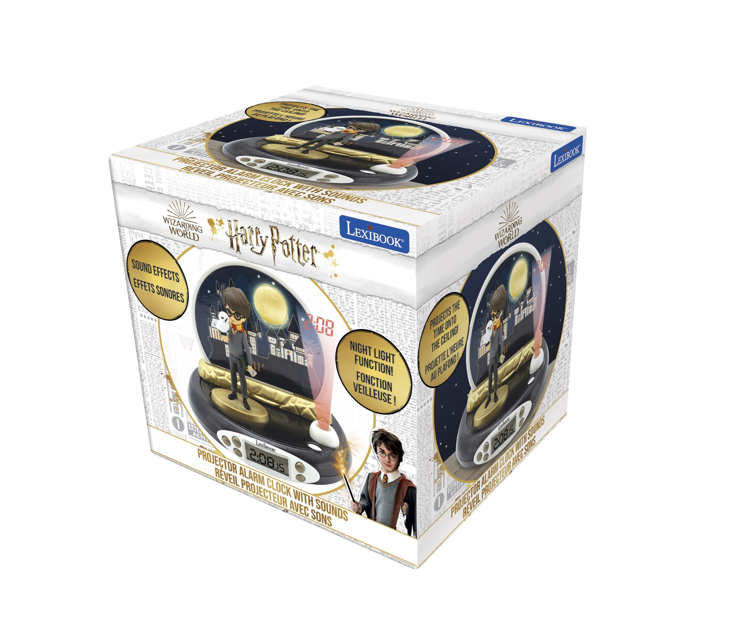 Reloj despertador de Harry Potter en una caja. El fondo es blanco. Es un producto Lexibook.
