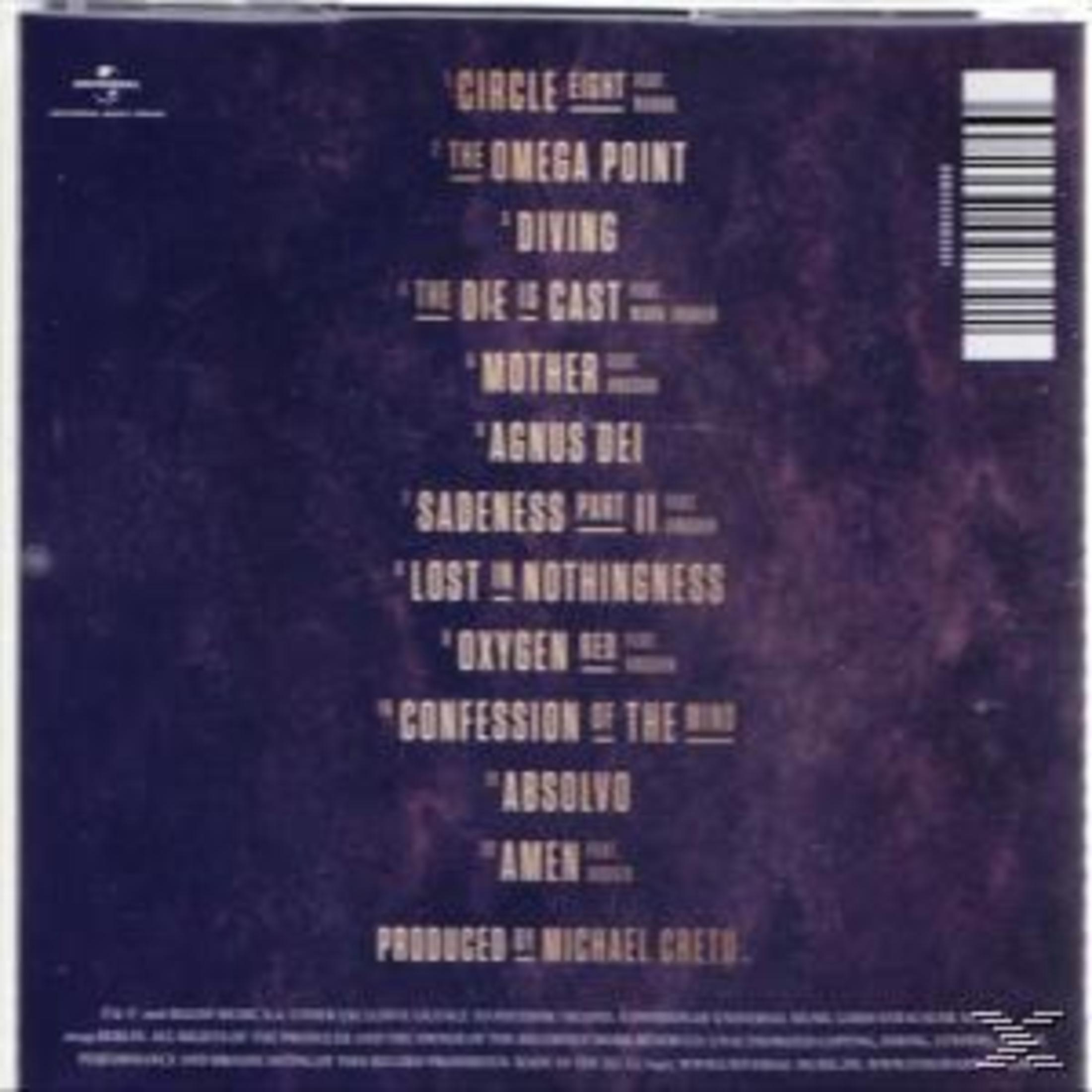 Album achterkant met tracklist, tekst in wit en credits. De achtergrond is een donkere, wazige kleur.