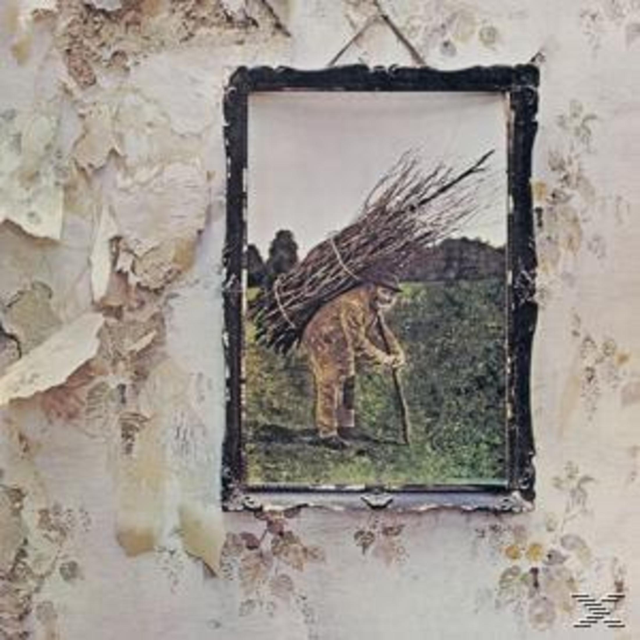 Copertina dell'album dei Led Zeppelin. Uomo che trasporta un fascio di bastoni in un'immagine incorniciata su un muro con carta da parati scrostata.