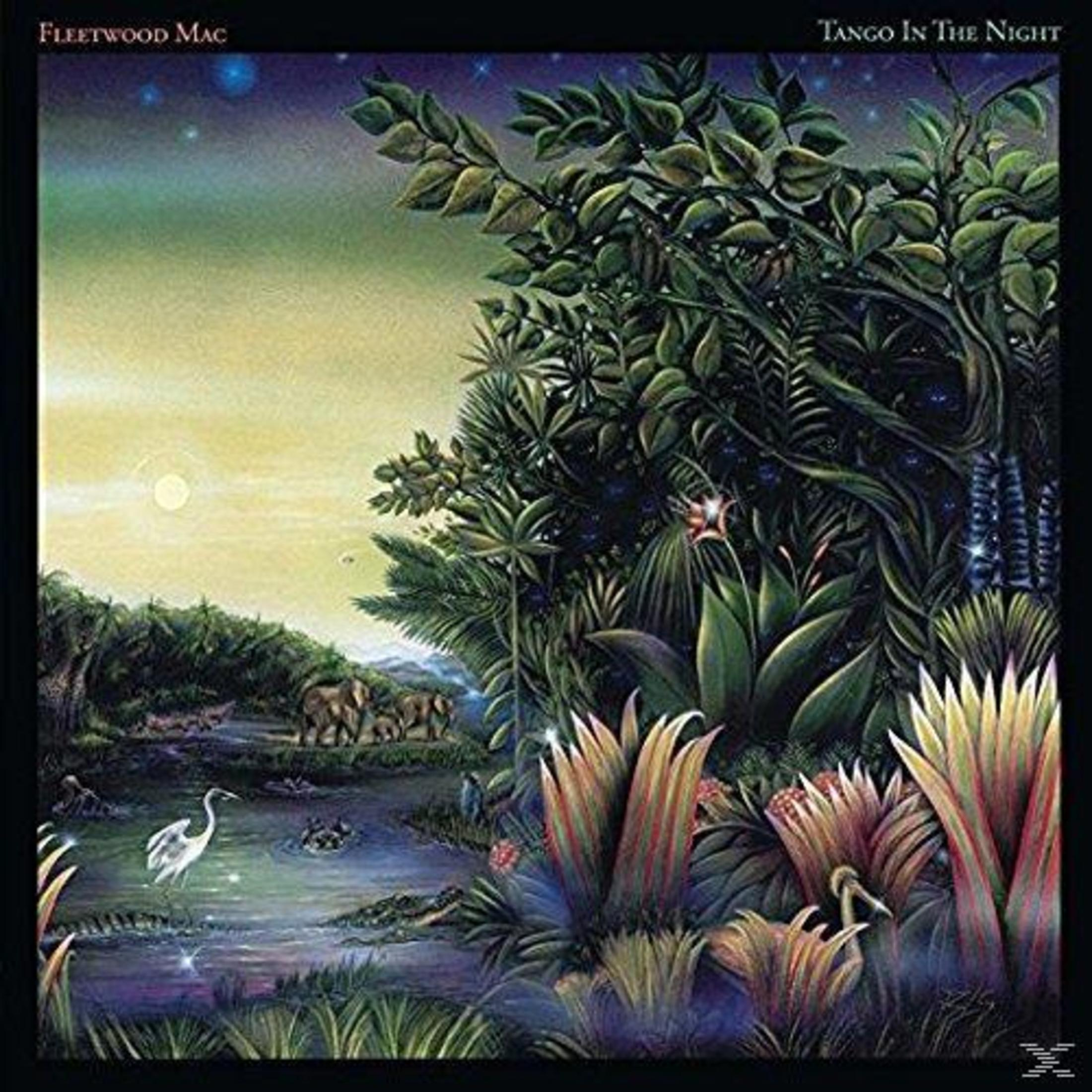 Copertina dell'album dei Fleetwood Mac. Scena tropicale con alberi, acqua e animali. Il titolo è TANGO IN THE NIGHT.