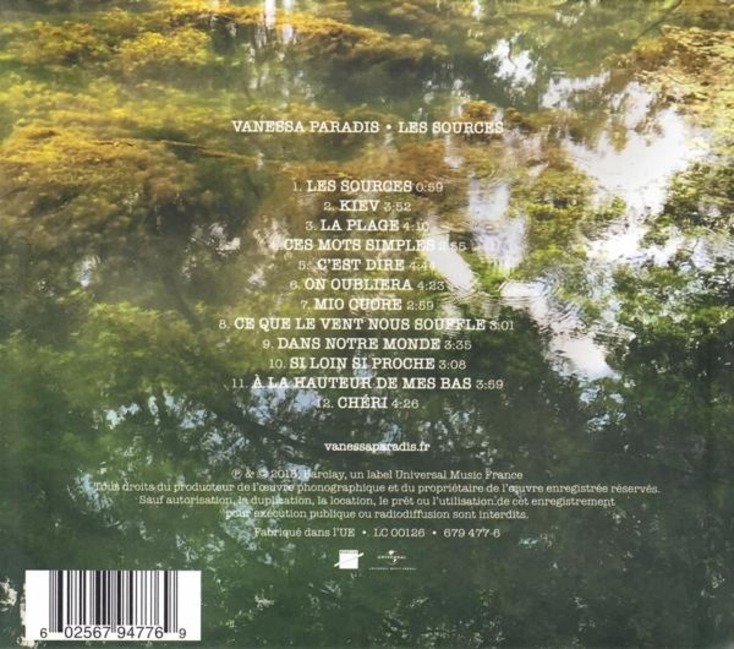 Retro copertina dell'album. Elenco delle canzoni, crediti e un codice a barre. Vanessa Paradis - Les Sources.