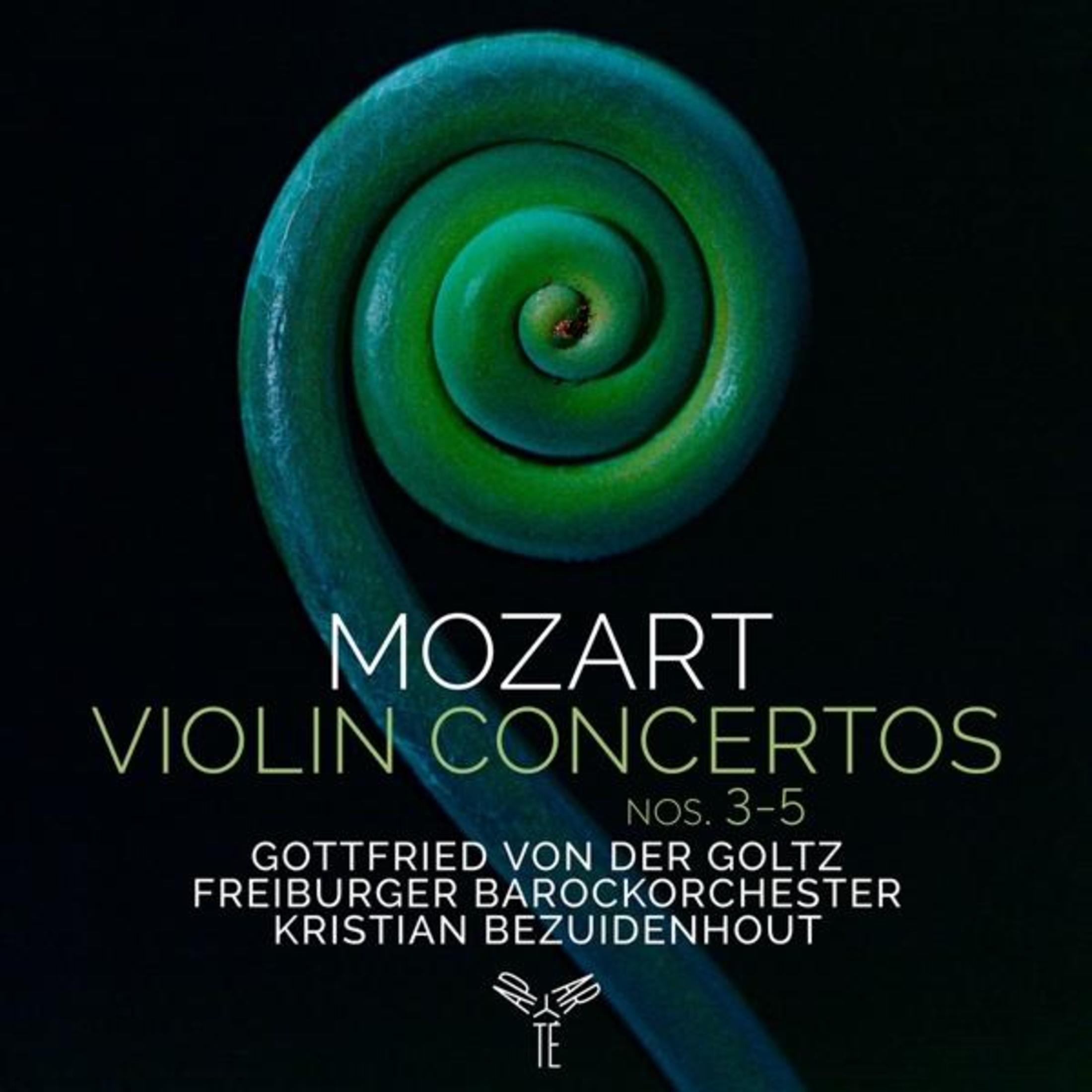 Pochette d'album. Spirale verte avec texte. Concertos pour violon de Mozart.