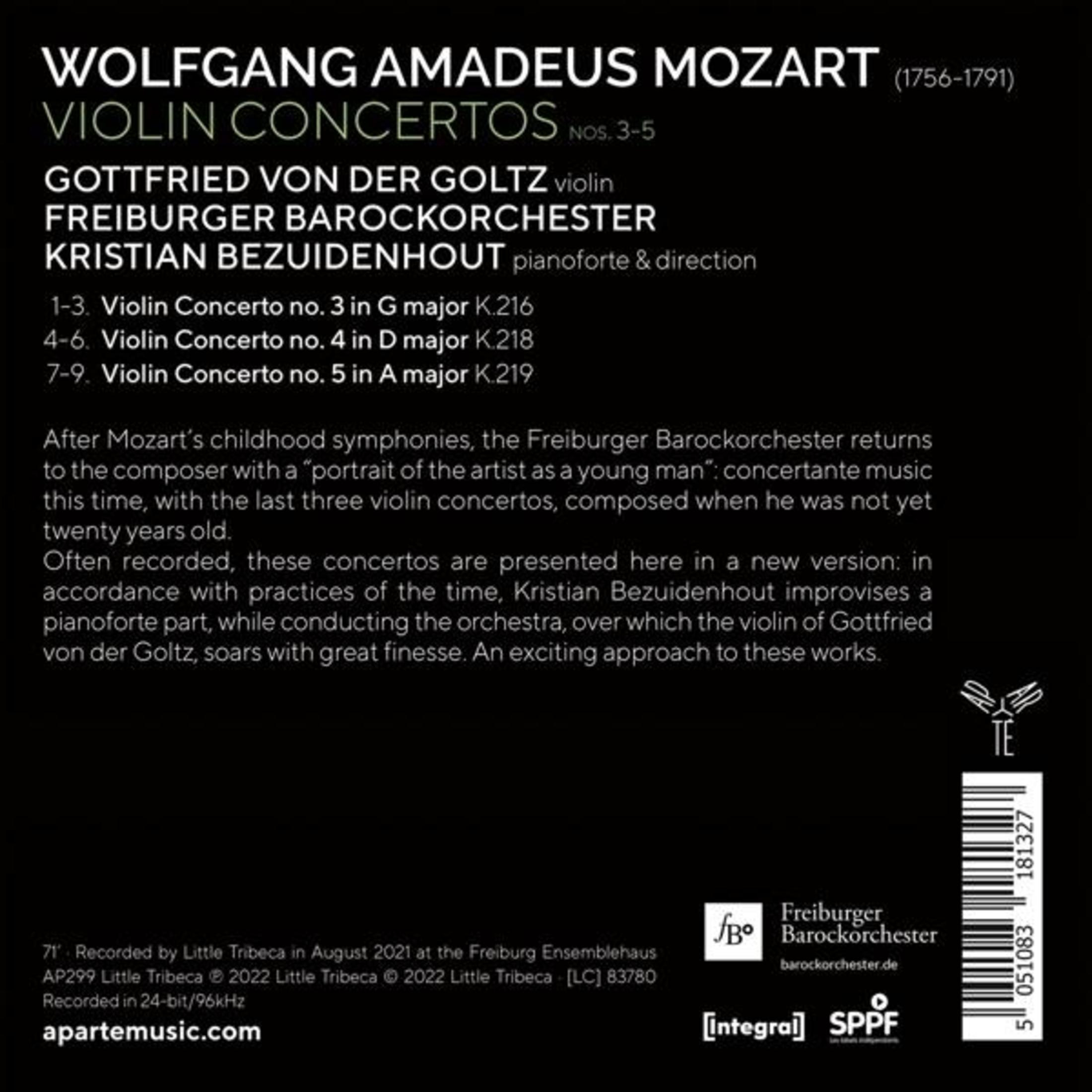Couverture d'album avec texte sur les concertos pour violon de Mozart et une liste des interprètes.