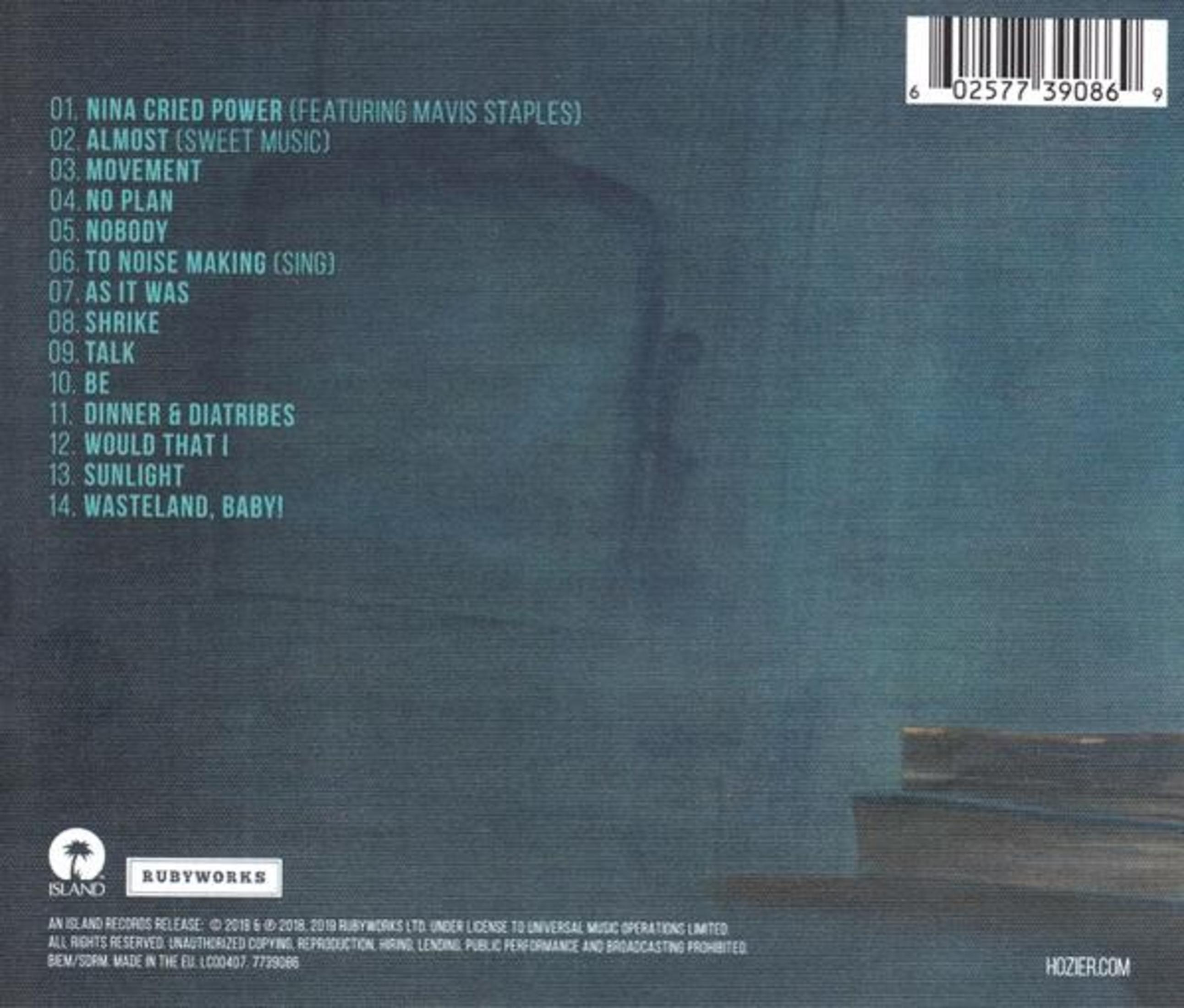 Album achterkant met tracklist en credits op een blauw-groene gradiënt achtergrond.