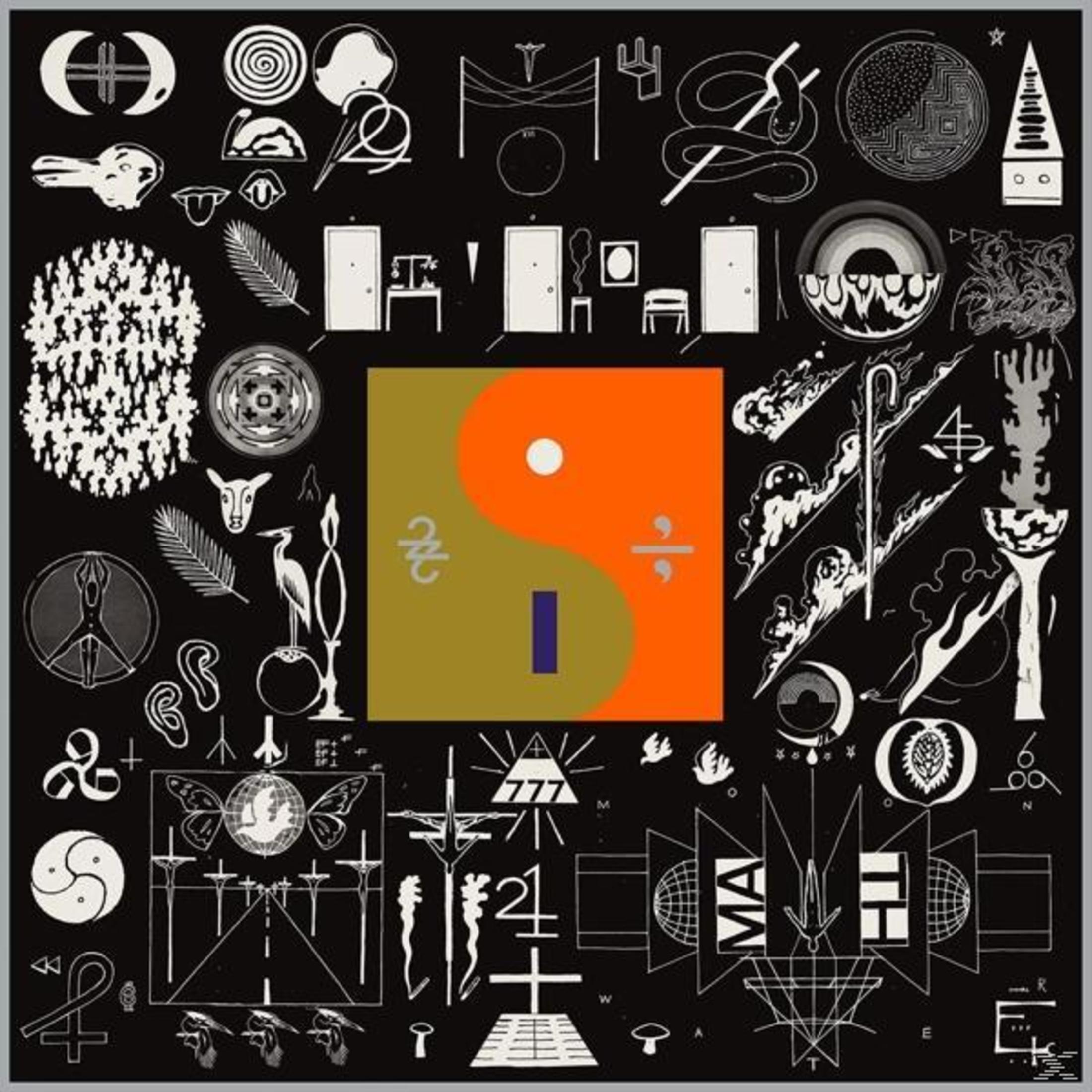 Pochette d'album avec de nombreux symboles en noir et blanc sur fond noir. Un Yin Yang au centre.