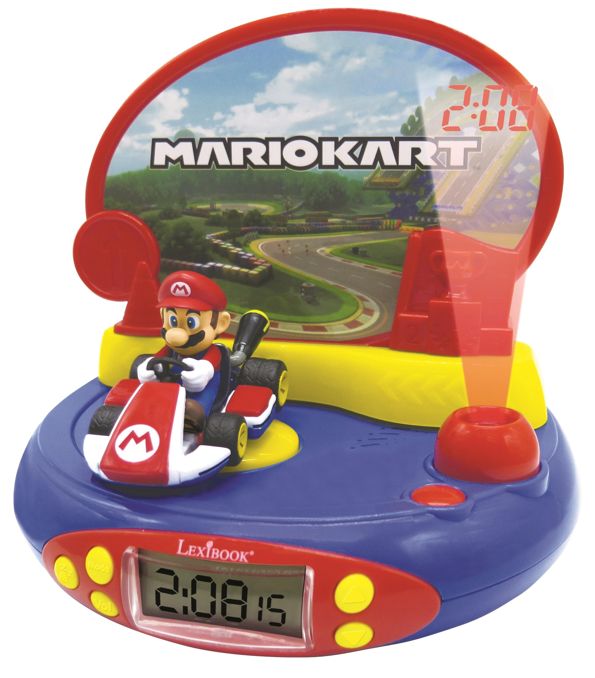 Un despertador de Mario Kart con Mario en un kart en una pista de carreras, mostrando la hora 2:08:15.
