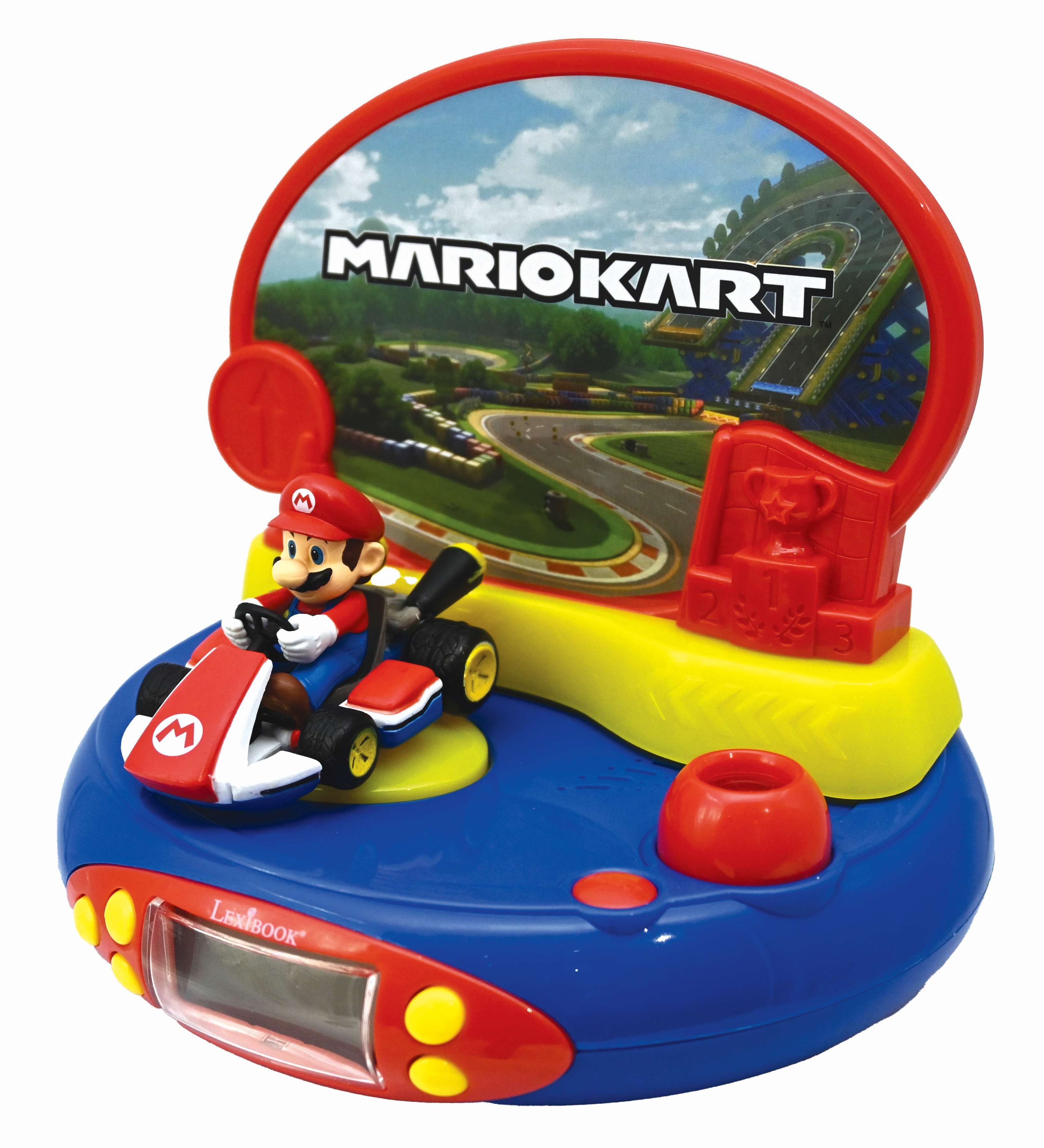 Juguete reloj Mario Kart. Mario en kart, con fondo de pista y trofeo.