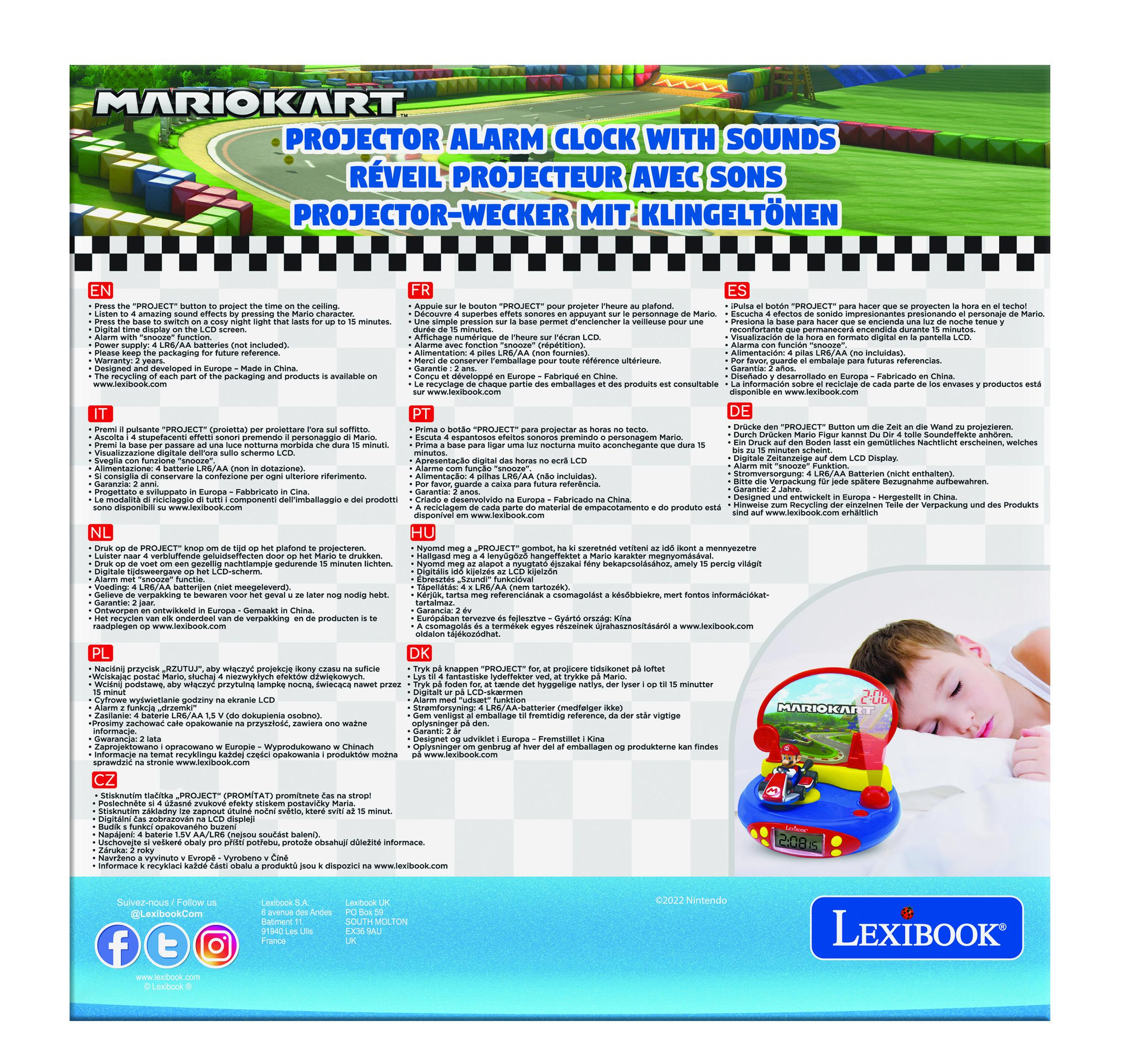 Una hoja con texto e imágenes sobre un despertador proyector Mario Kart con sonidos.