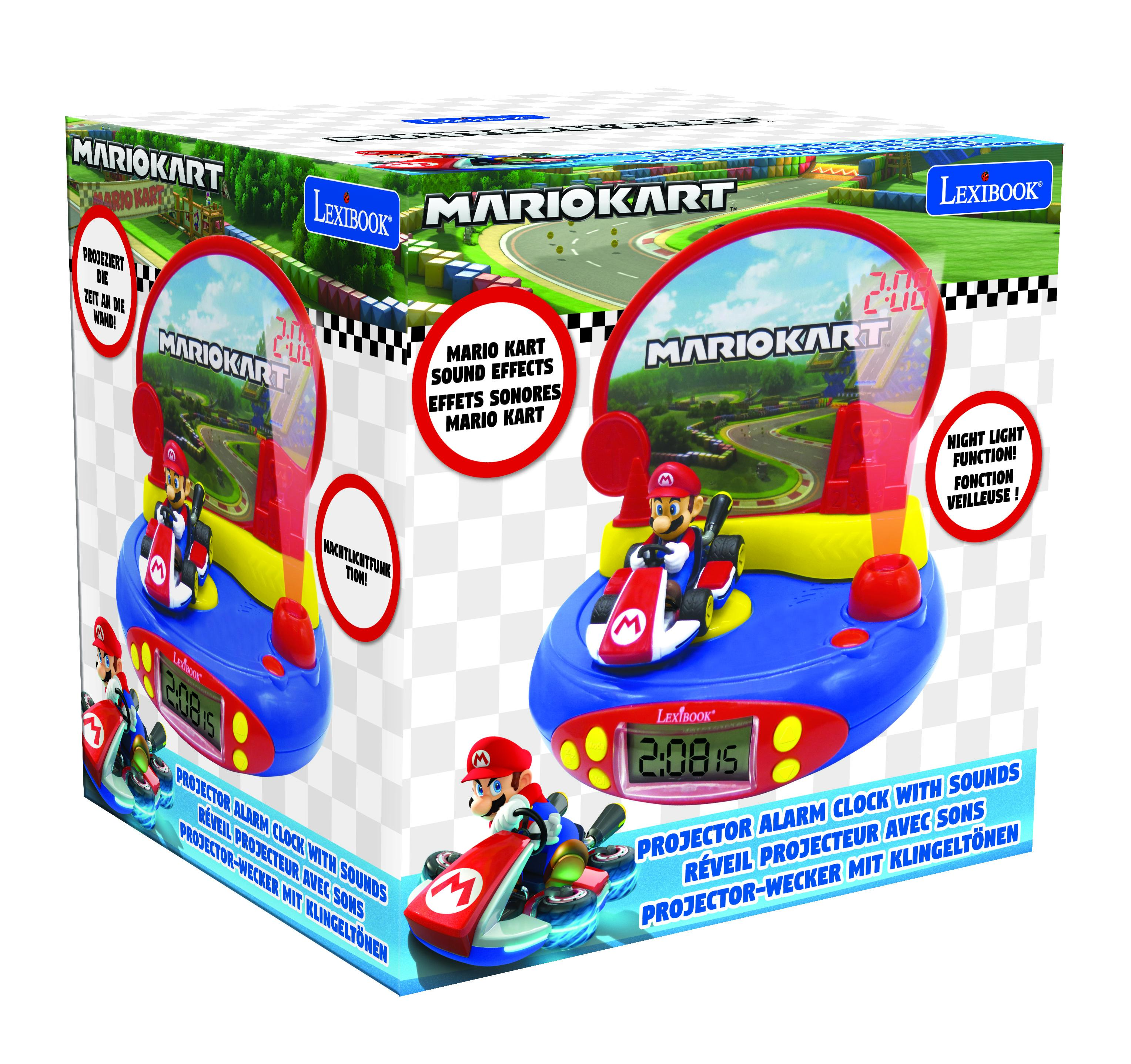 Despertador Mario Kart. Caja muestra a Mario en pista, con efectos de sonido.