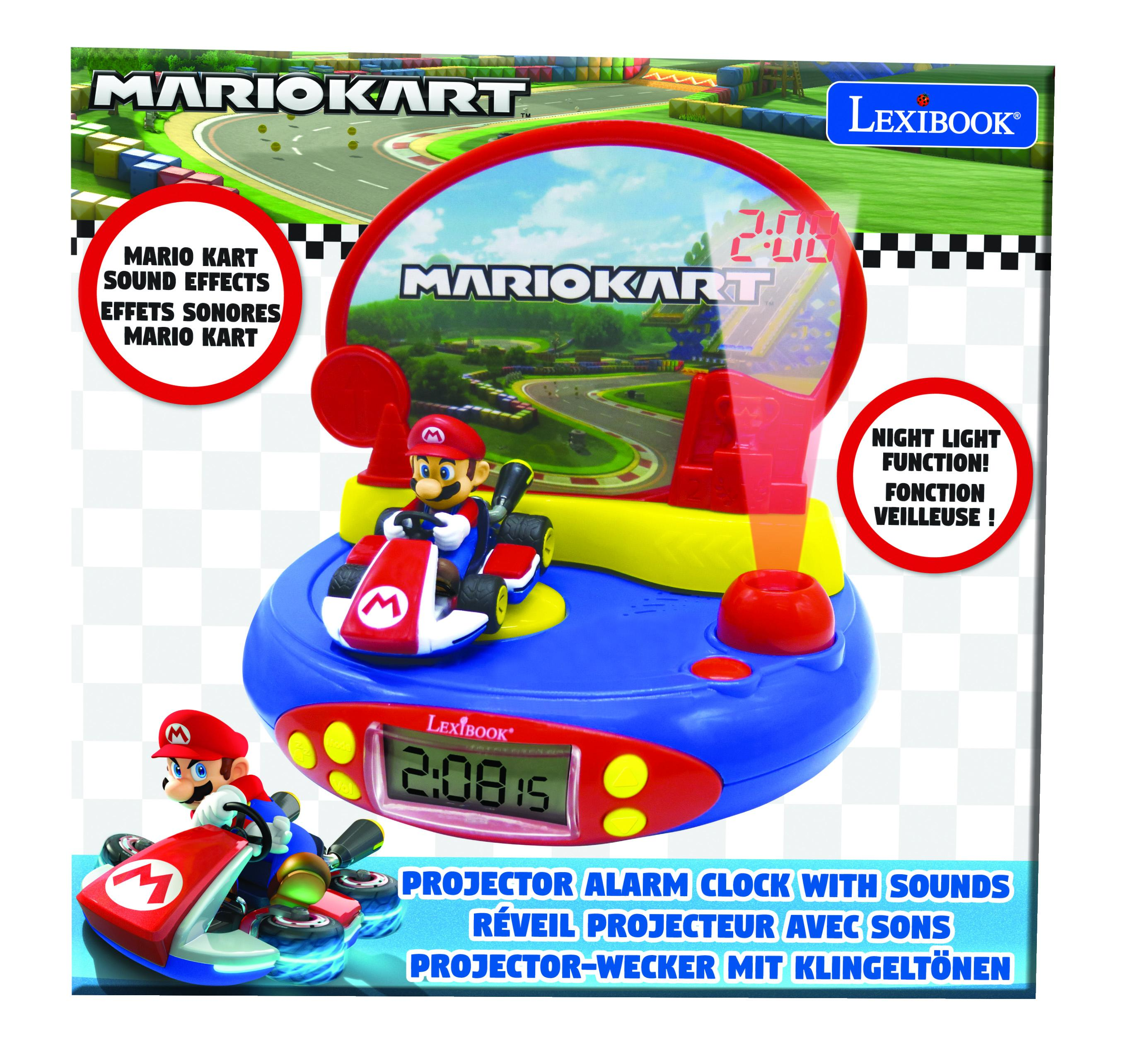 Reloj despertador Mario Kart. Figura de Mario en un kart, en una pista. Carcasa roja y azul.