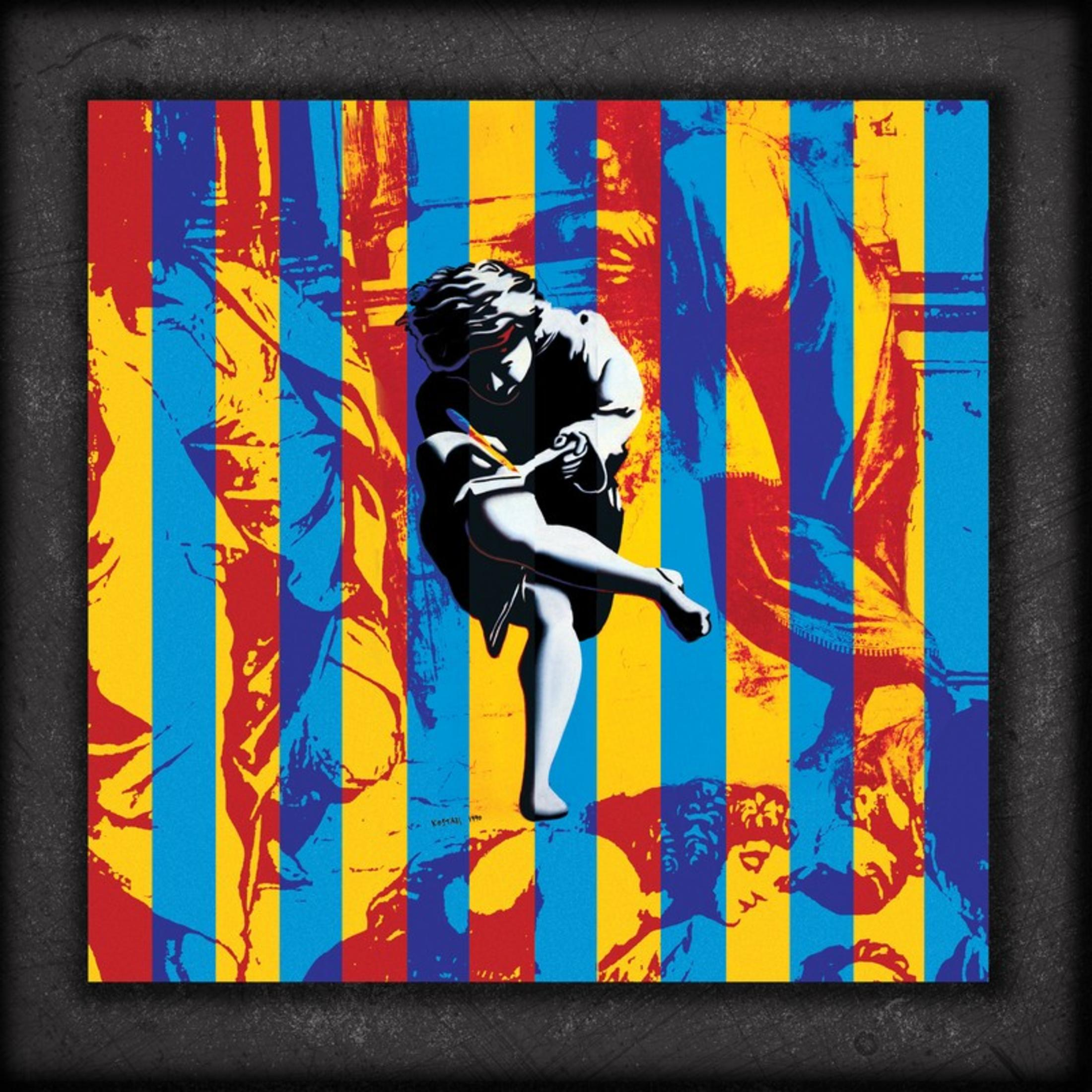Portada del álbum con una mujer escribiendo sobre un fondo de rayas coloridas.