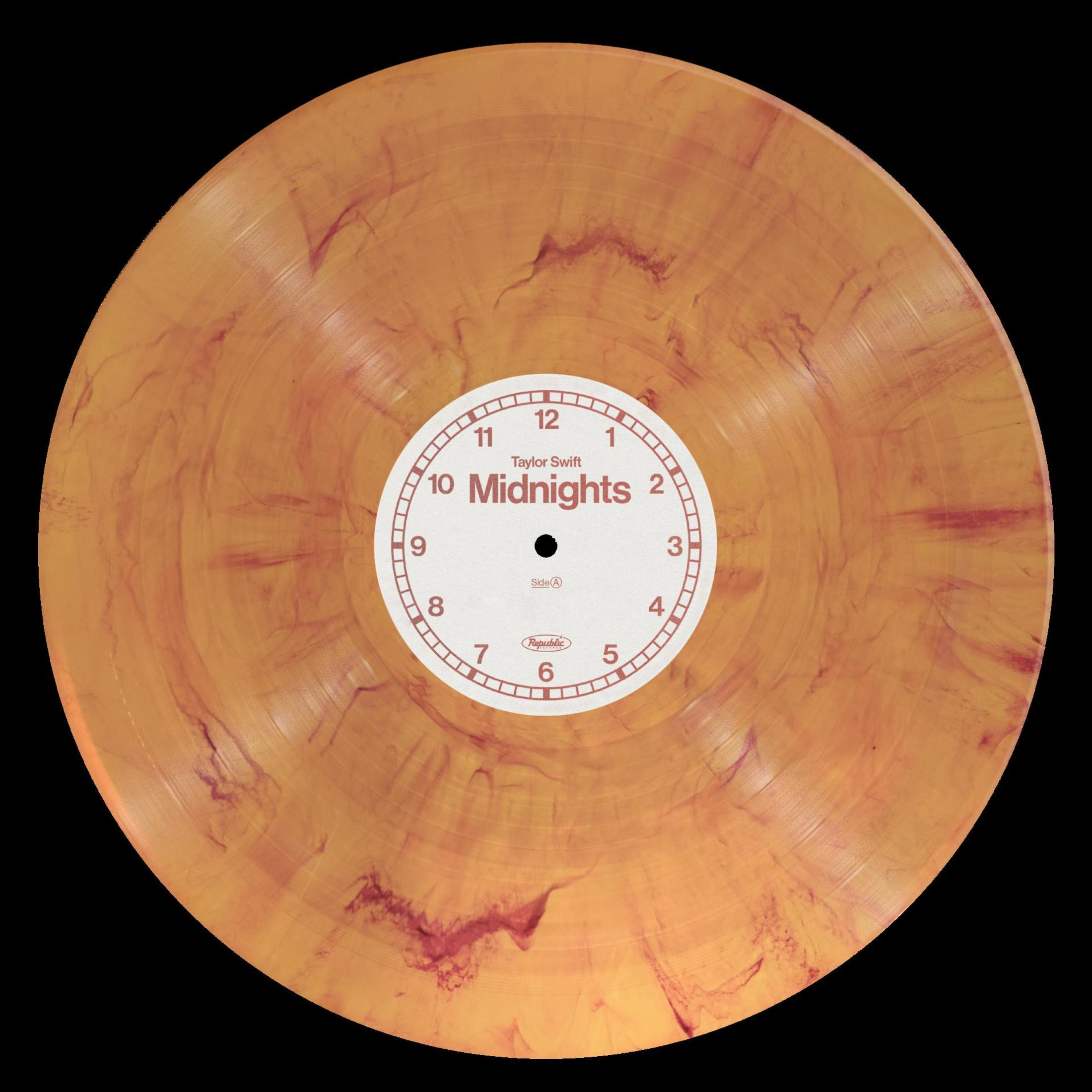 Vinilo con etiqueta de esfera de reloj. Dice 'Taylor Swift Midnights'.