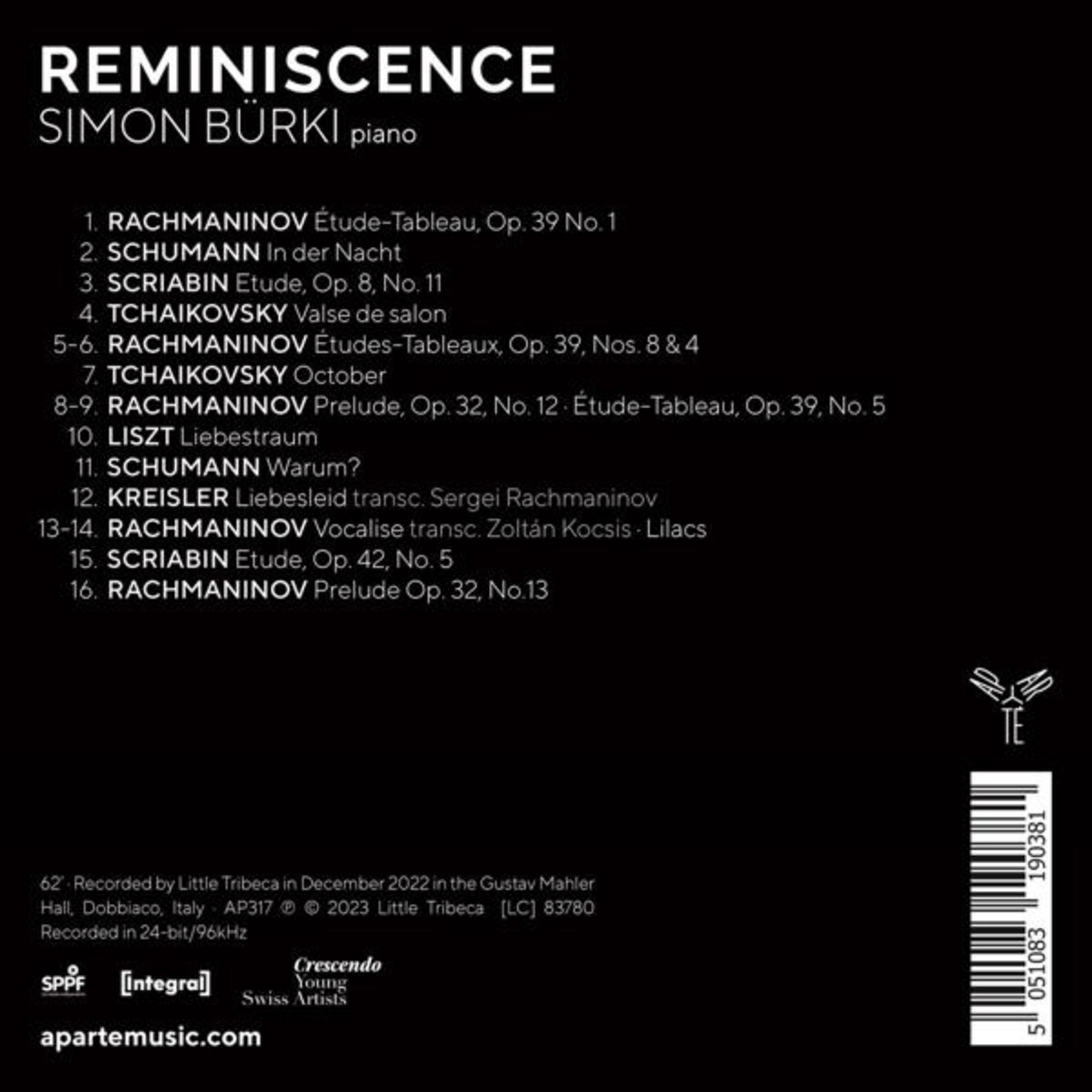 Copertina dell'album con il titolo: REMINISCENCE e tracklist.