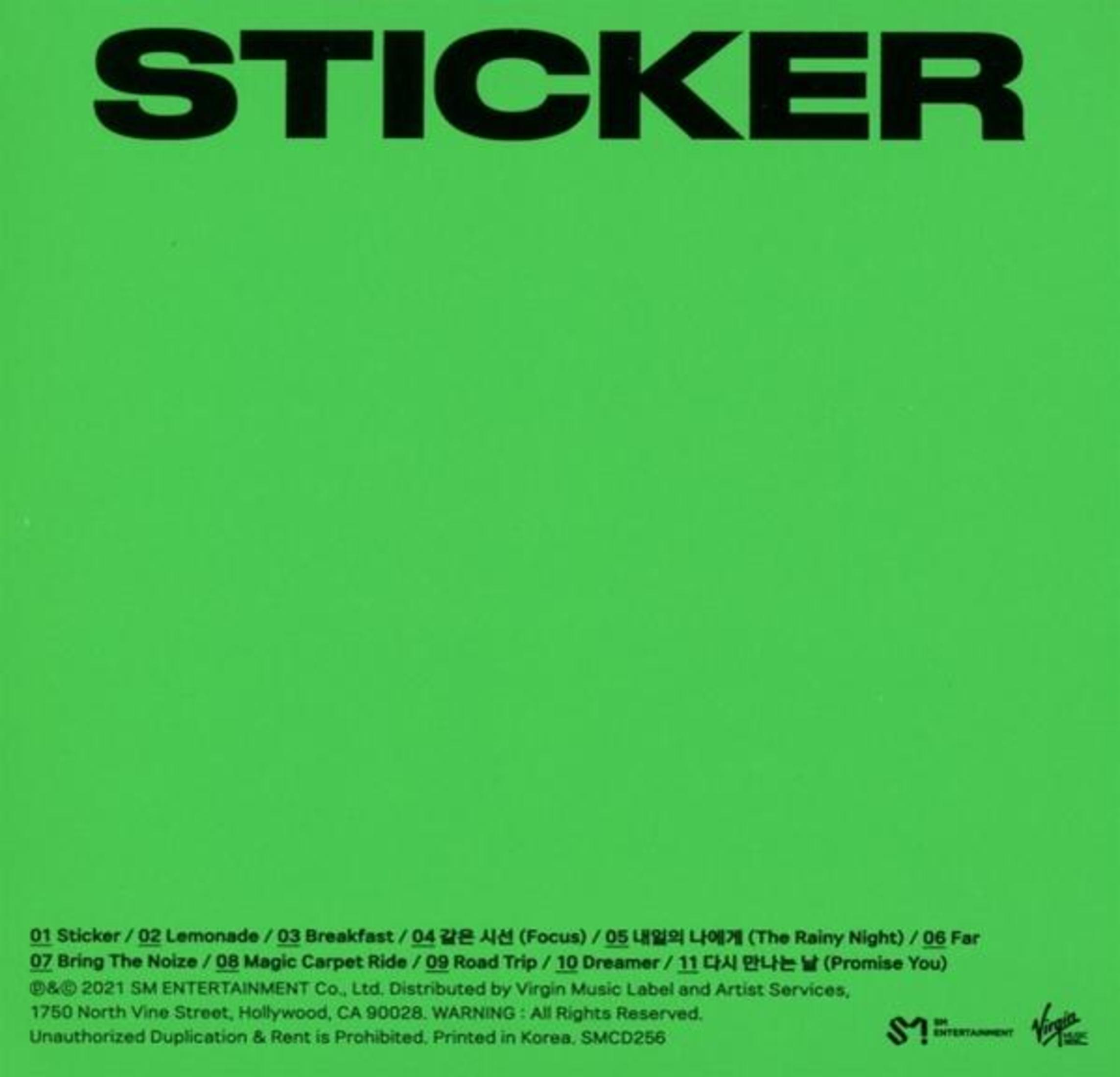Green album cover with the word 'STICKER' in large white letters and a tracklist.