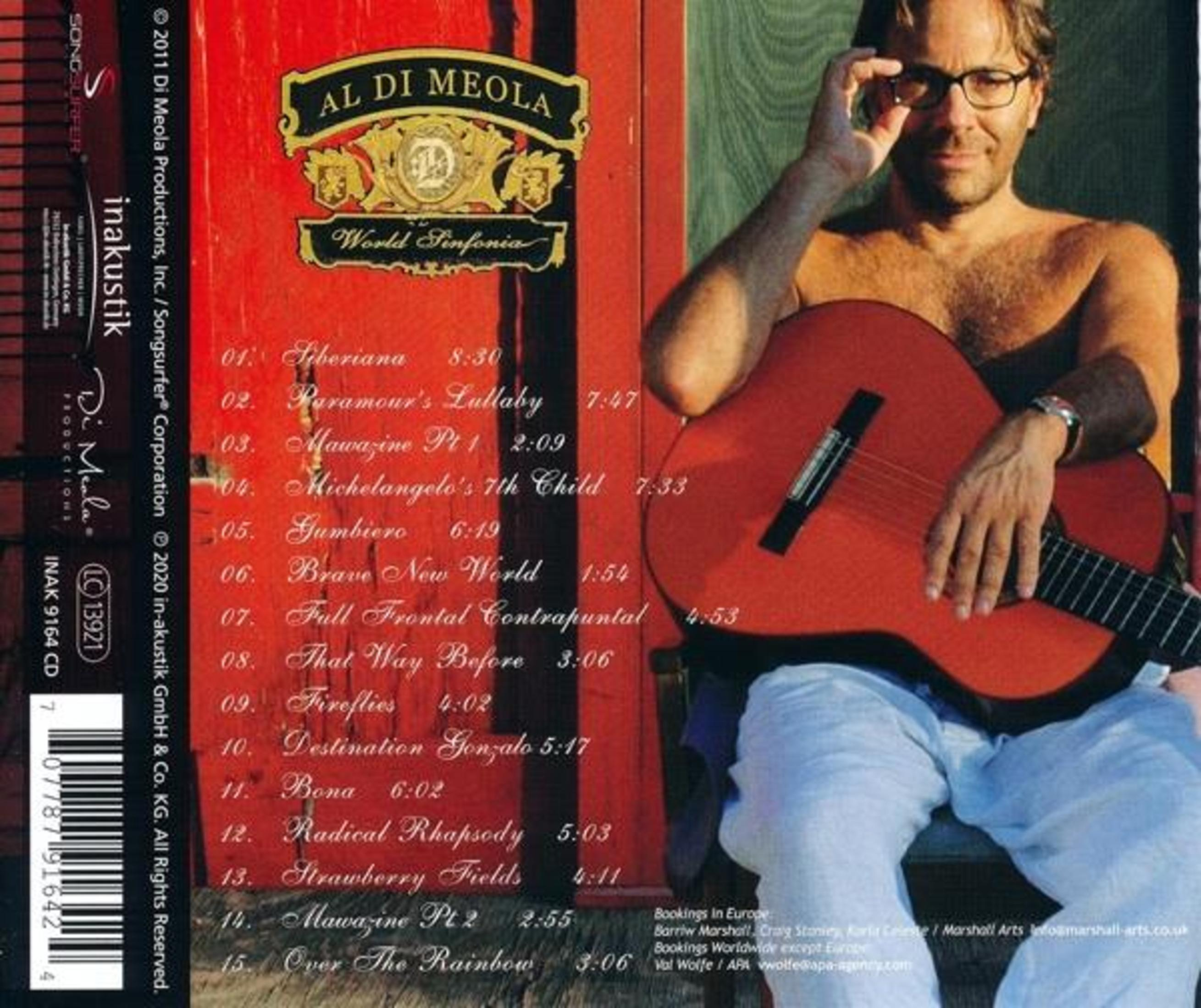 Achterkant van de albumhoes met tracklist en een man met een gitaar, voor een rode deur.