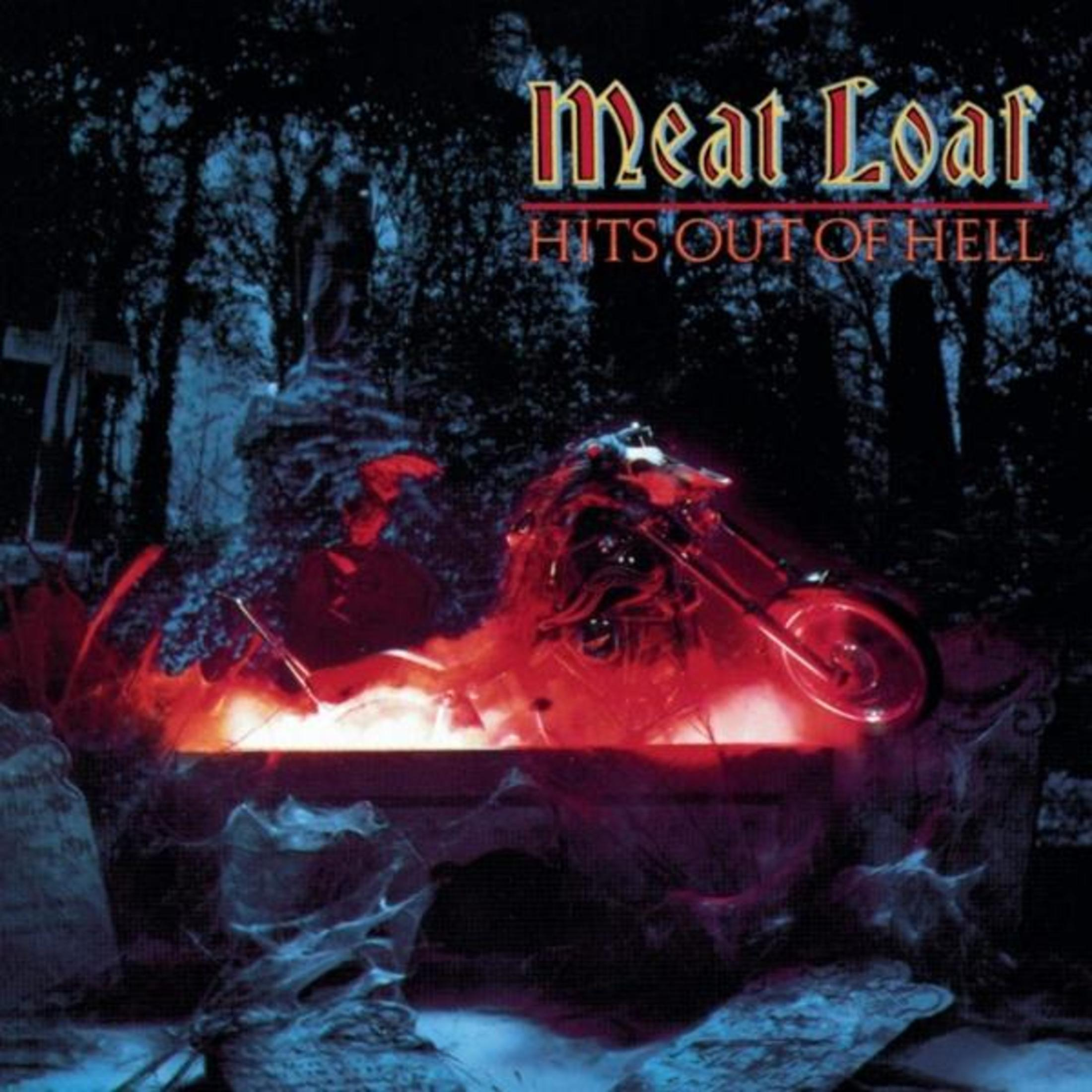 Copertina dell'album con una scena infernale, una moto in fiamme e il titolo 'Hits Out of Hell' di Meat Loaf.