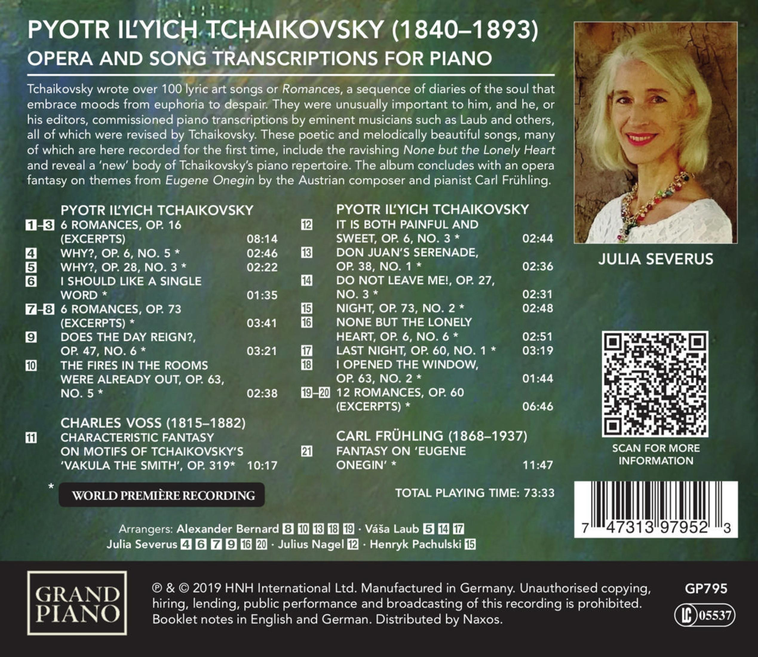 Albumhoes met portret van een vrouw en tracklist. Tekst: Tsjaikovski, Opera- en liedtranscripties.
