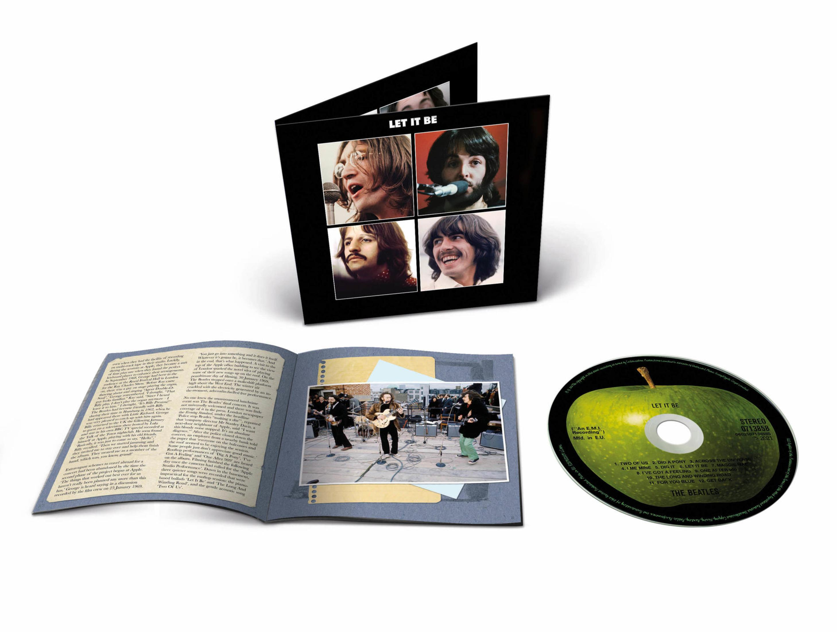 Copertina dell'album: libretto aperto con foto e testo, un CD a forma di mela verde. Testo: The Beatles, 'Let It Be'.