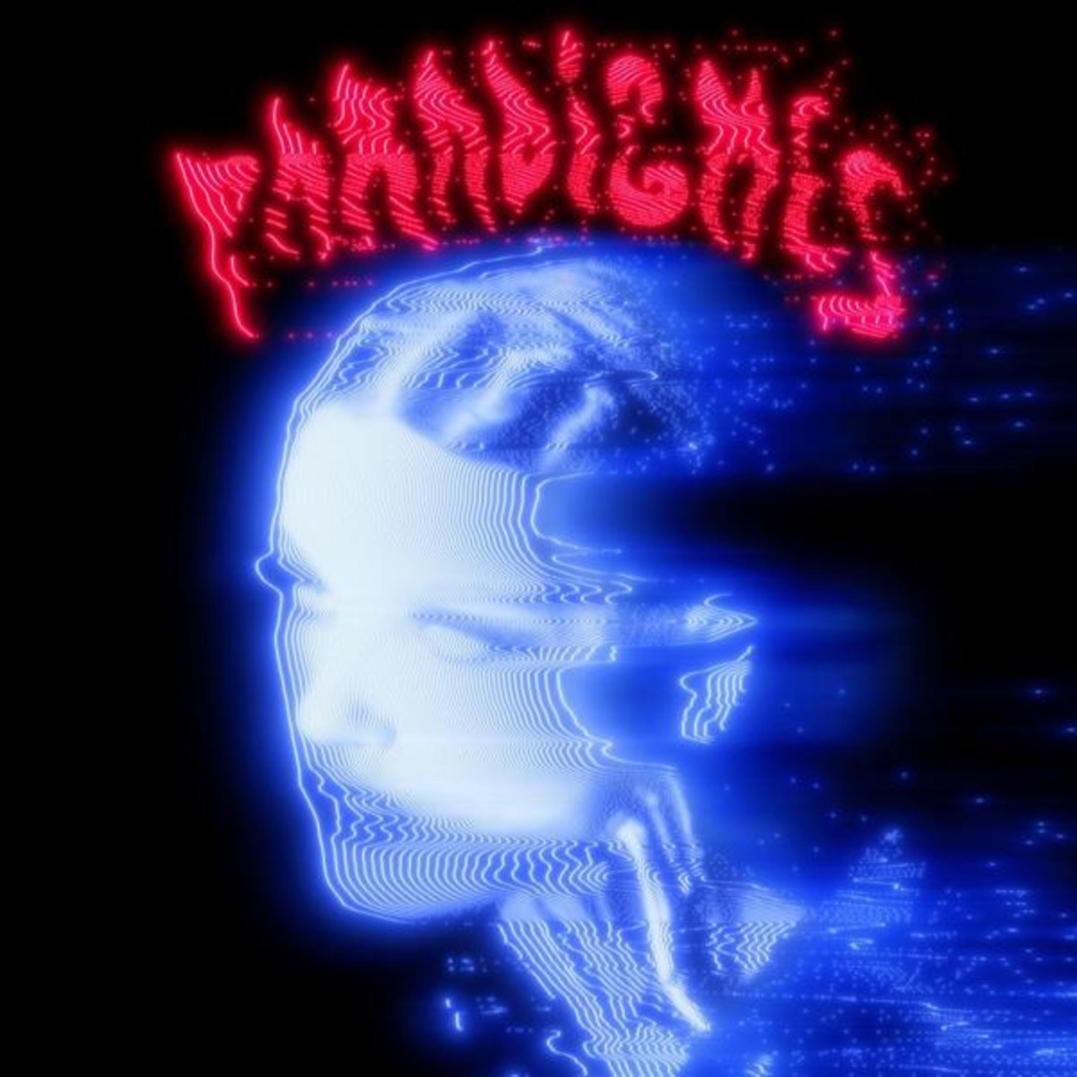 Contour néon d'un visage avec un masque, lumières bleues sur fond noir et texte rouge "FANTASY KNIGHTS".