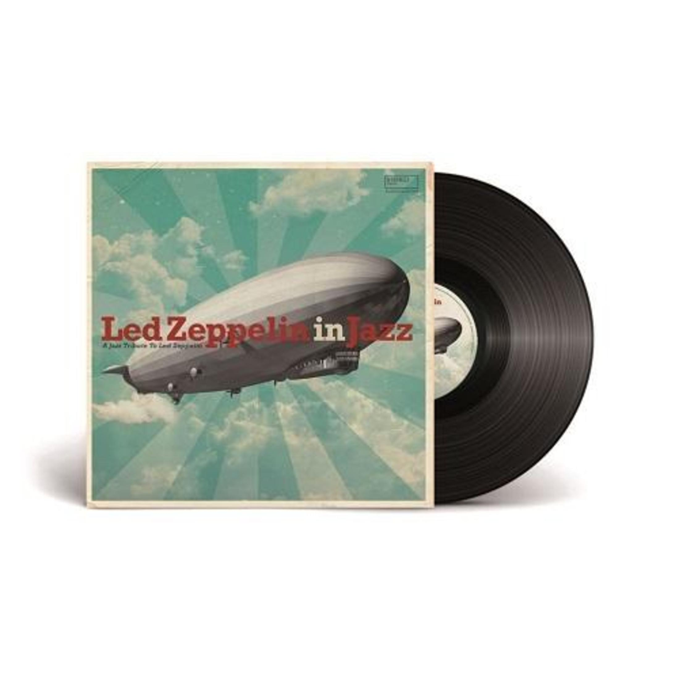 Pochette de l'album Led Zeppelin in Jazz avec une illustration de zeppelin. Un disque vinyle noir à droite.
