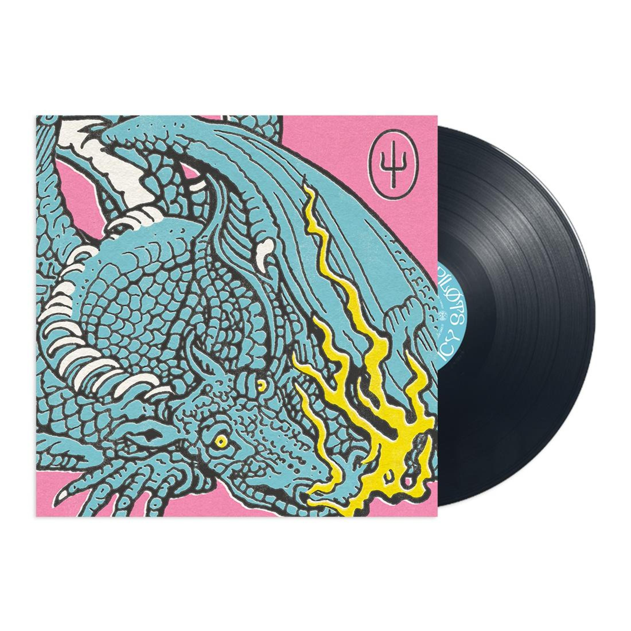 Copertina dell'album con un design di drago in blu e giallo su sfondo rosa. È visibile un disco in vinile nero.