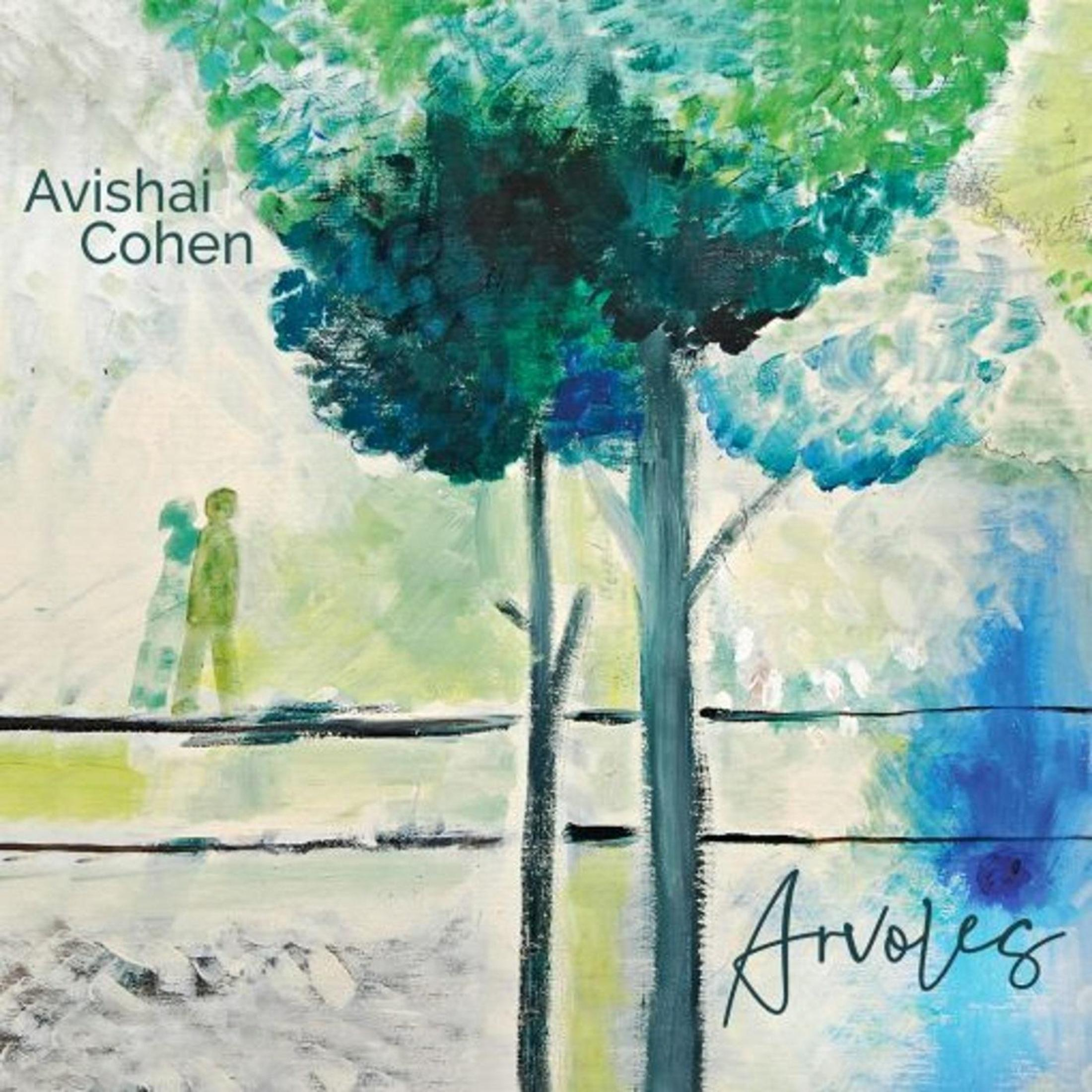Albumhoes met een schilderij van een boom en twee mensen die lopen, met kleuren blauw en groen.