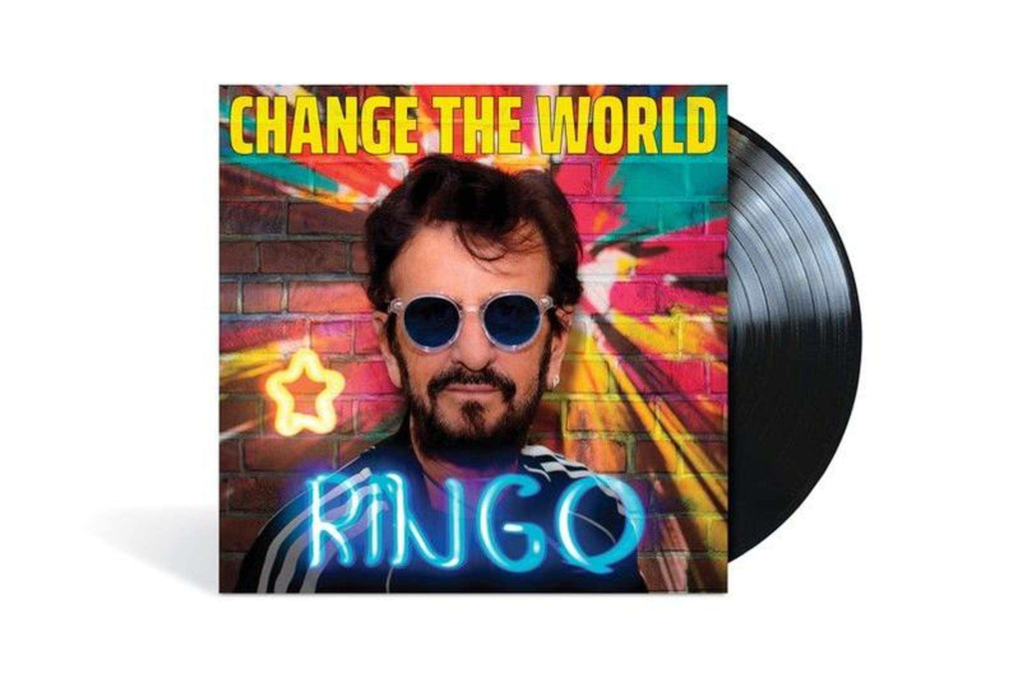 Ringo Starr album cover with Ringo wearing sunglasses. A vinyl record is on the right.
