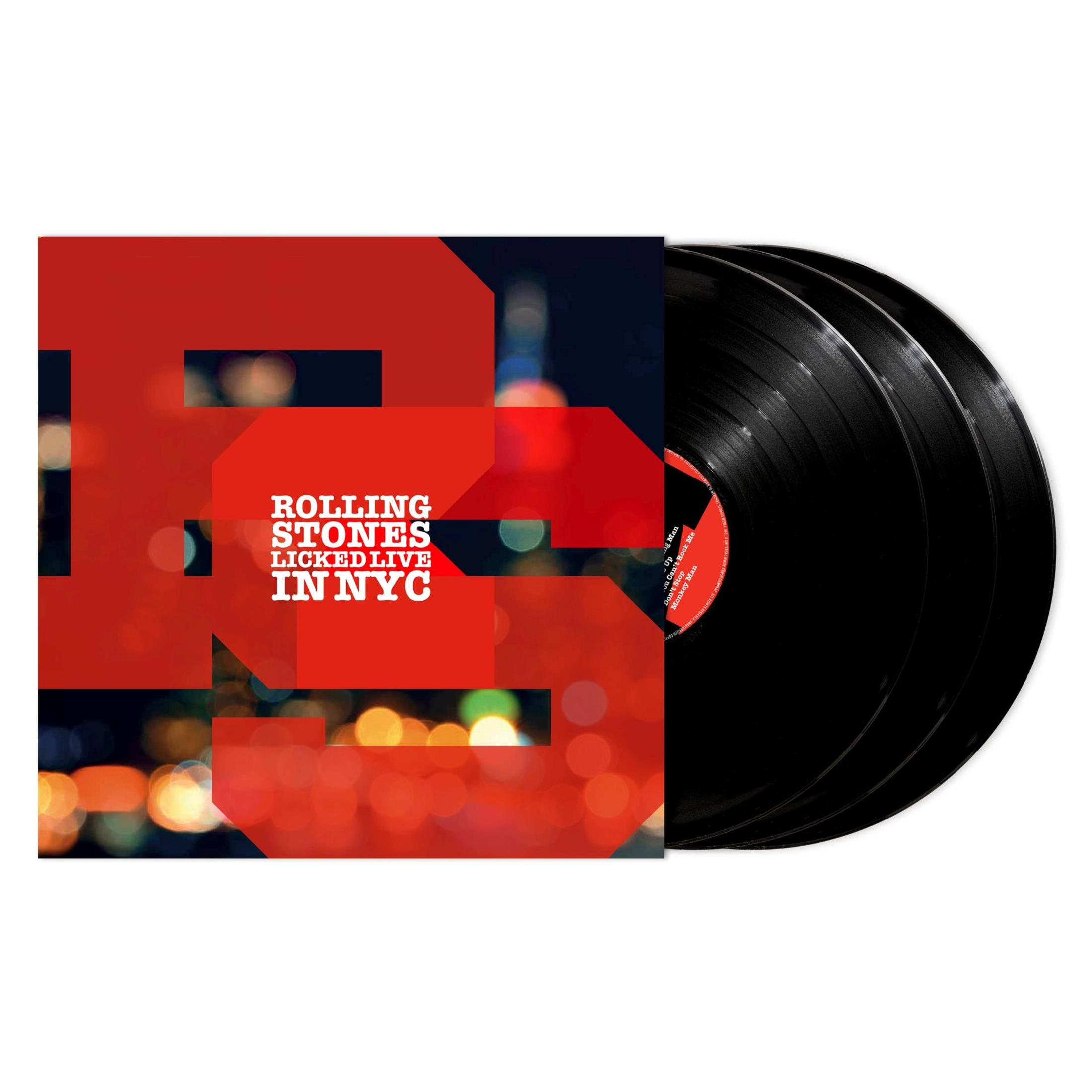 Portada del álbum con el logo de los Rolling Stones y tres discos de vinilo.