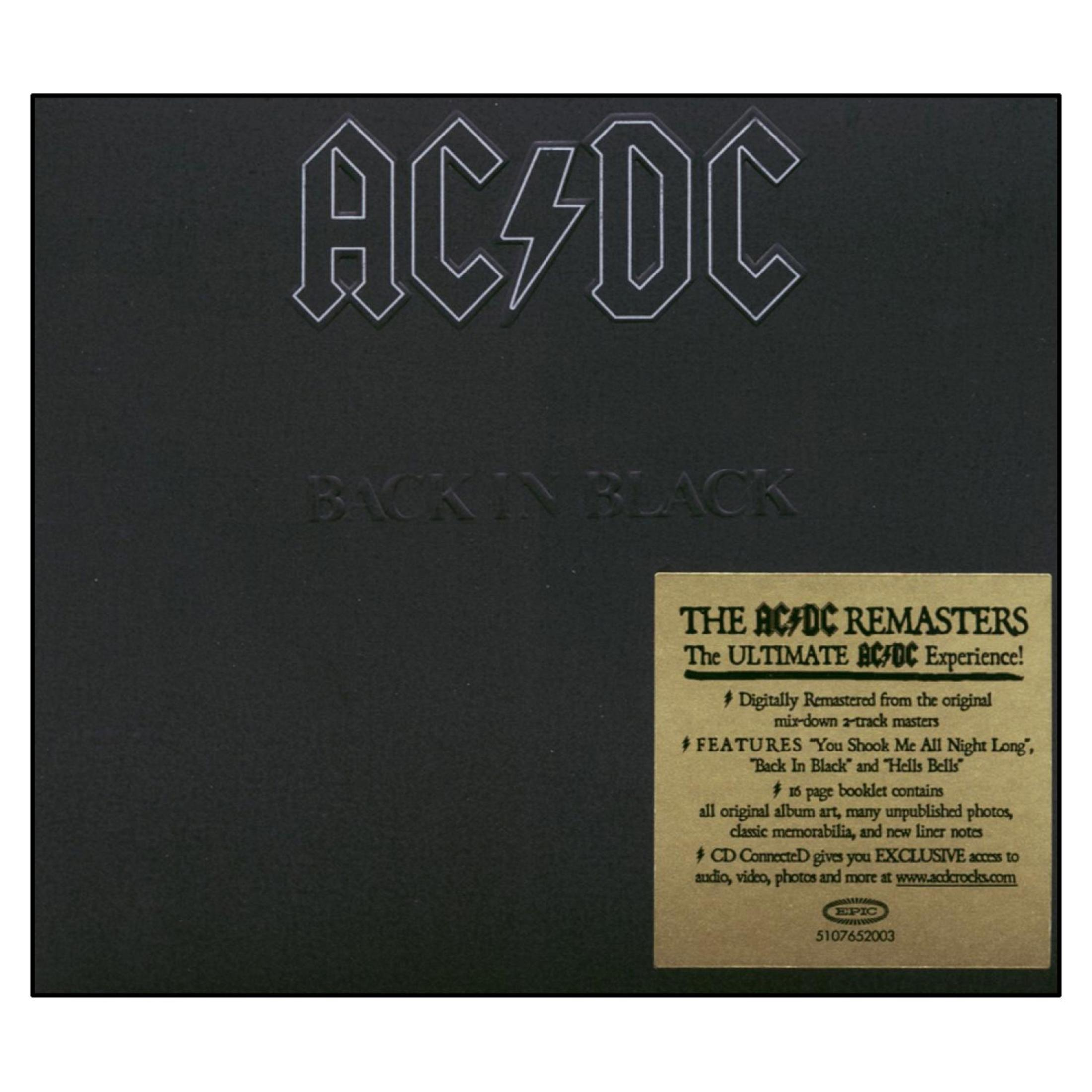 AC/DC-Albumcover, schwarz mit weißem Text. Albumtitel: Back In Black. Aufkleber mit Text.