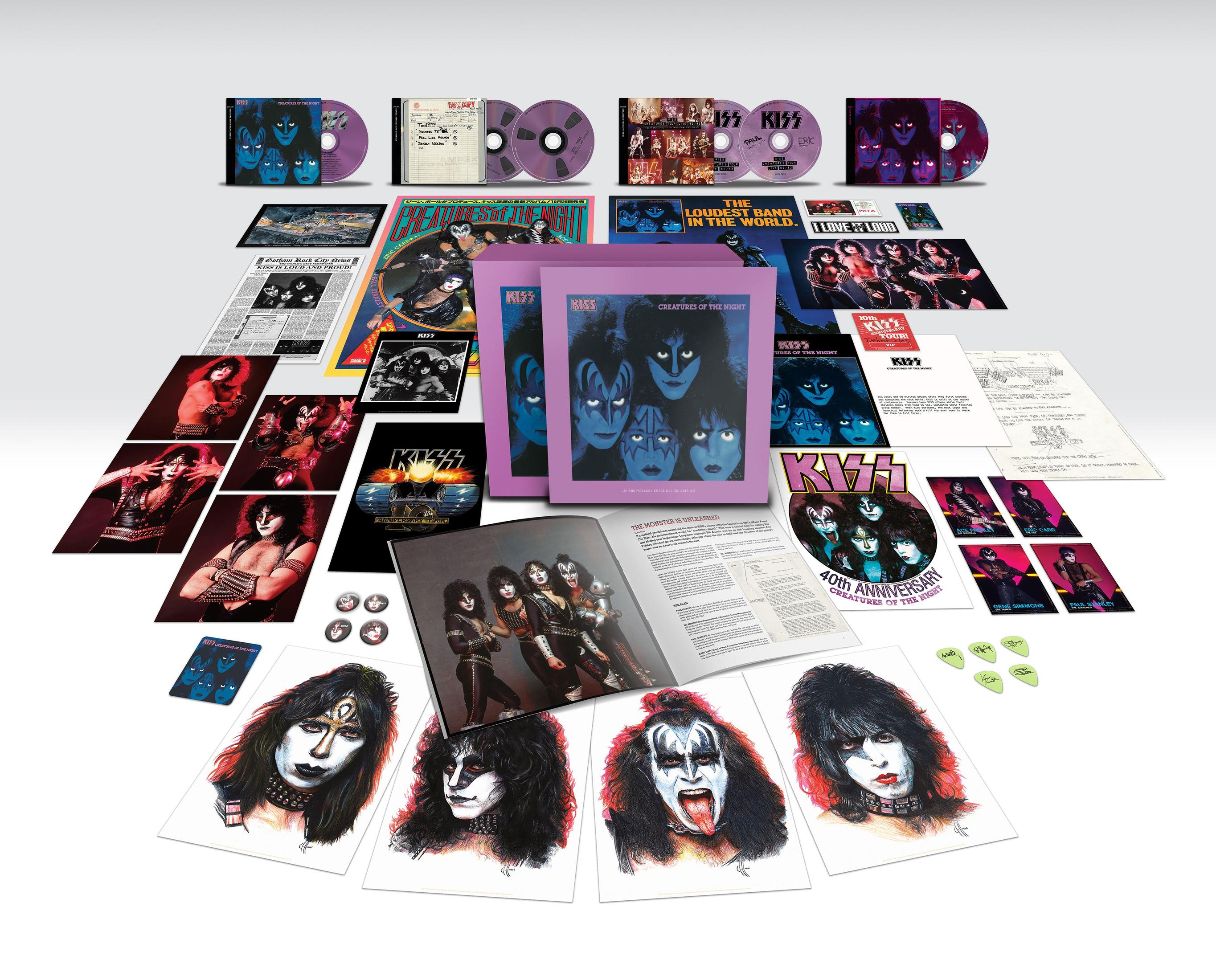 KISS album set: album cover, band member portraits, posters and related items are on a white background.
