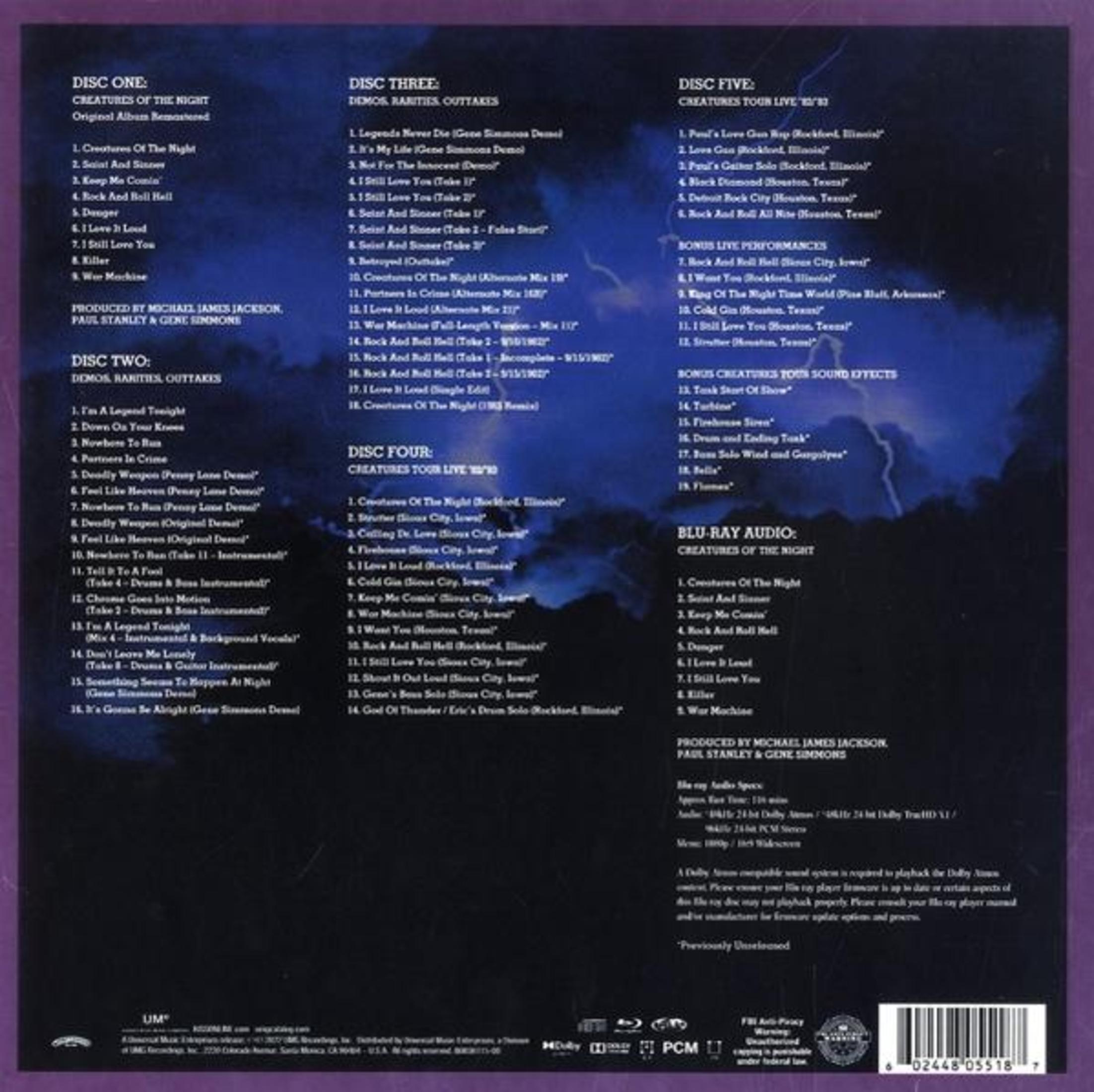 Album details with lists of songs, including Blu-ray audio.