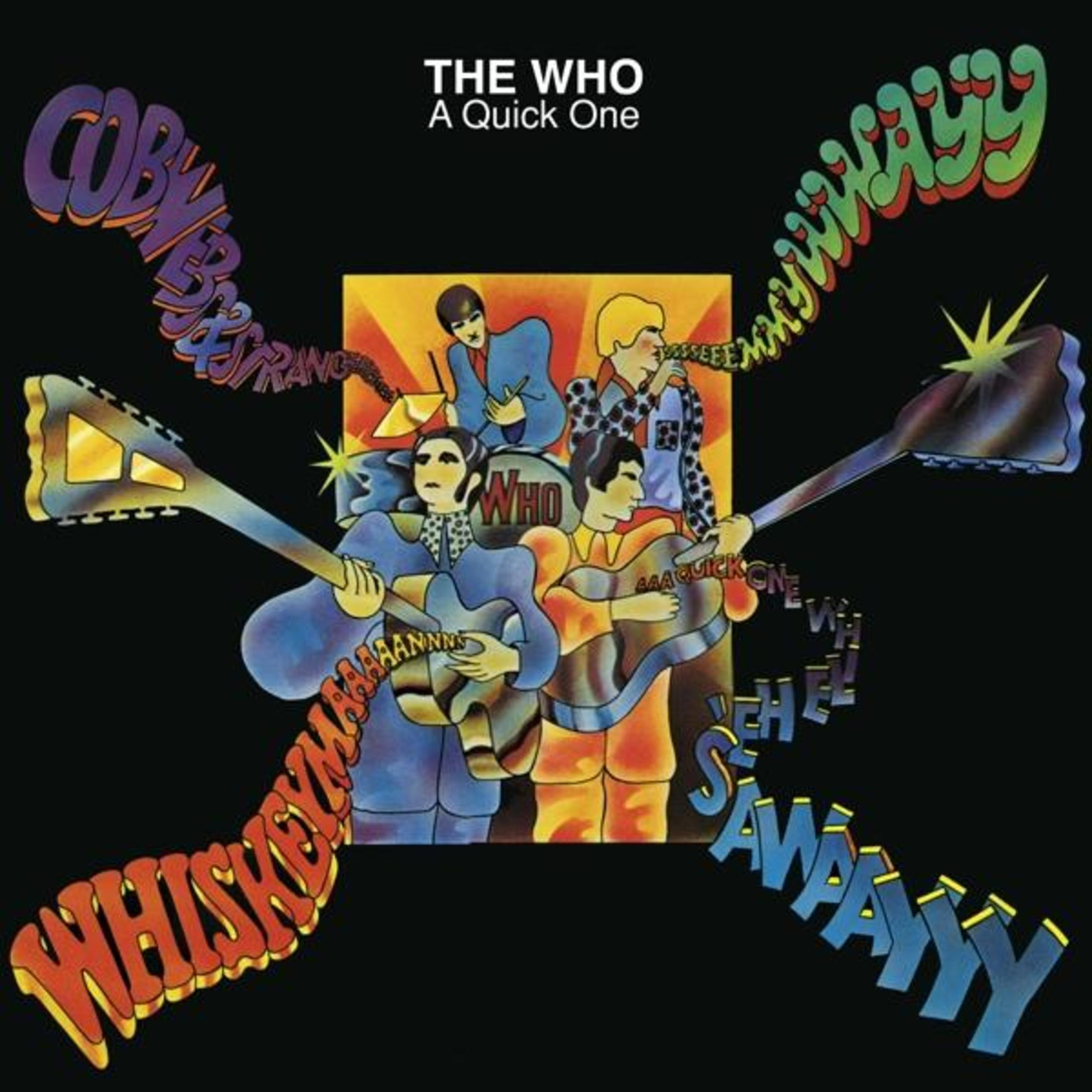 Albumhoes voor The Who. Kleurrijke, cartoonachtige illustratie van de band, instrumenten en tekst.
