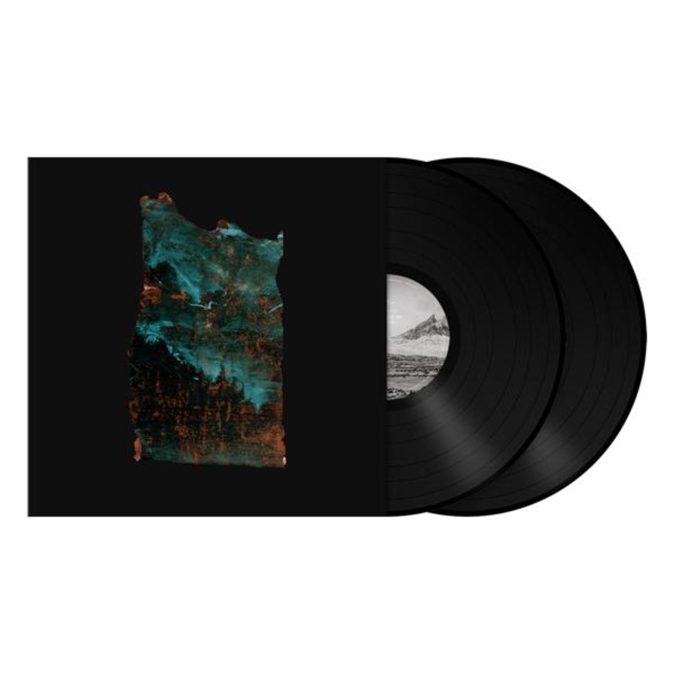 Pochette d'album, deux disques vinyles noirs, fond noir, œuvre d'art abstraite turquoise et marron sur le côté gauche.