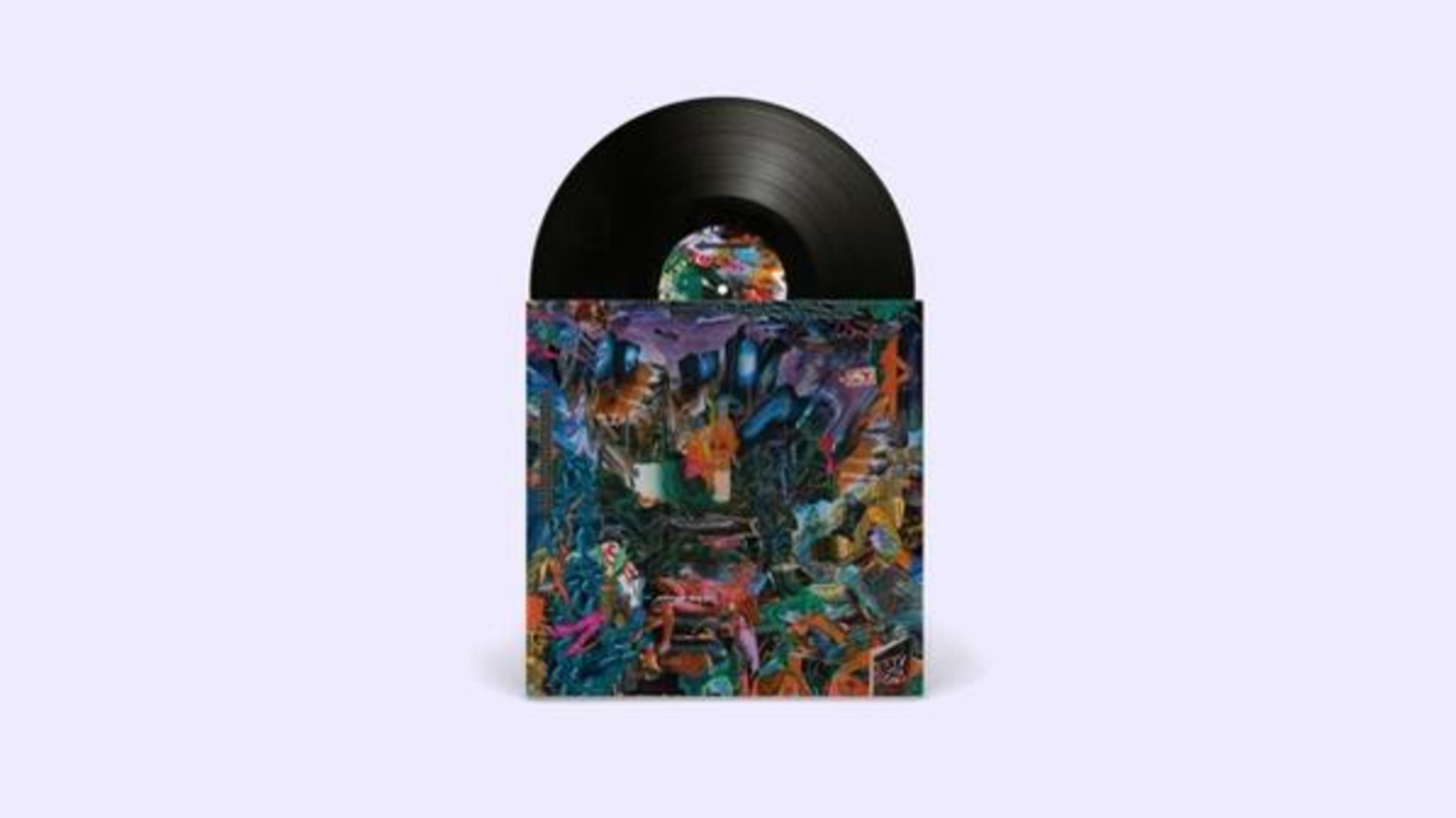 Vinyl albumhoes: kleurrijke abstracte kunst. Zwarte vinylplaat bovenaan.