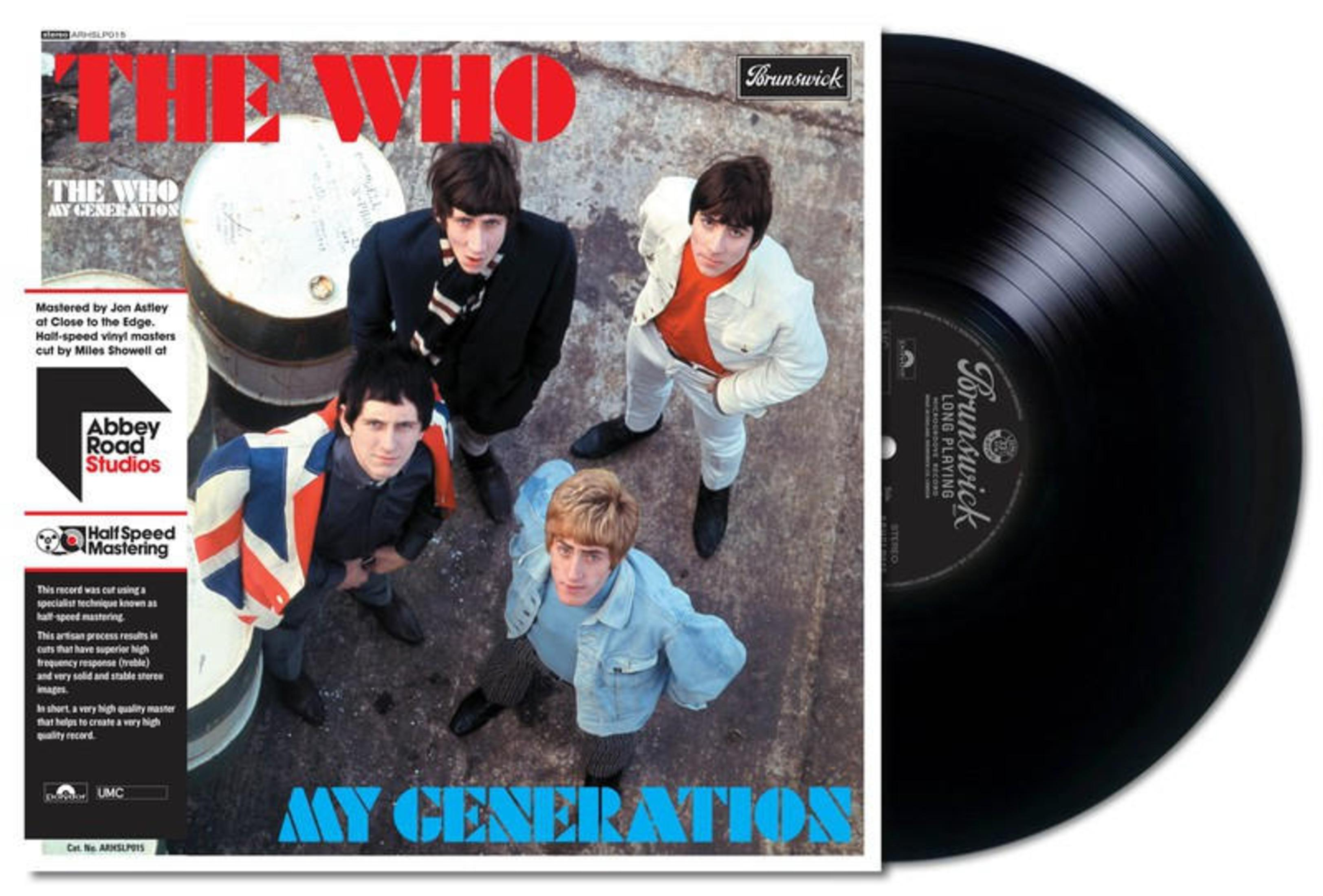 Portada del álbum con The Who al frente. El disco de vinilo está a la derecha. Texto: My Generation.