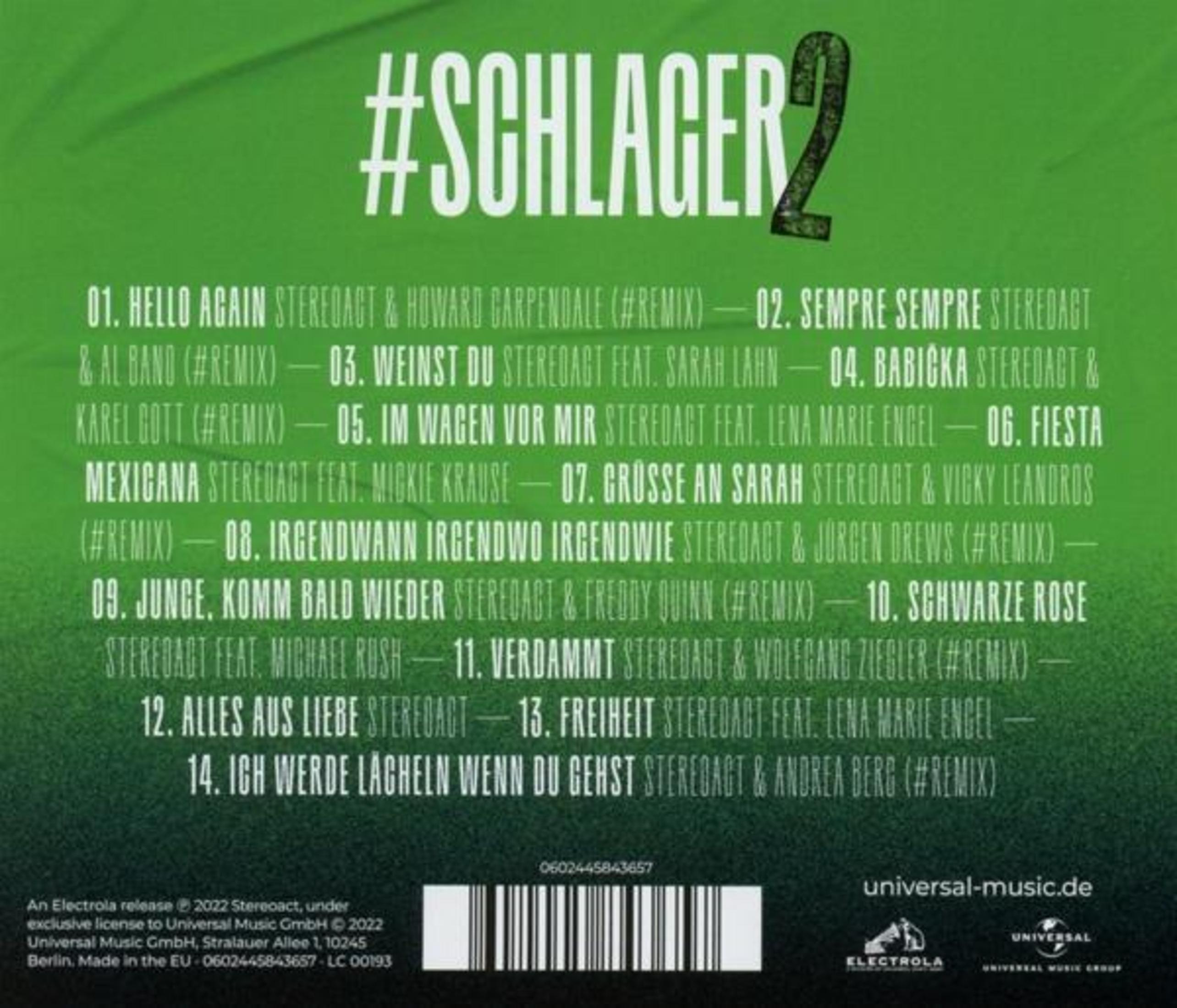 Grüne Rückseite des Musikalbums #Schlager 2 mit Songtitel-Liste, Barcode und Logos von Universal Music und Electrola.