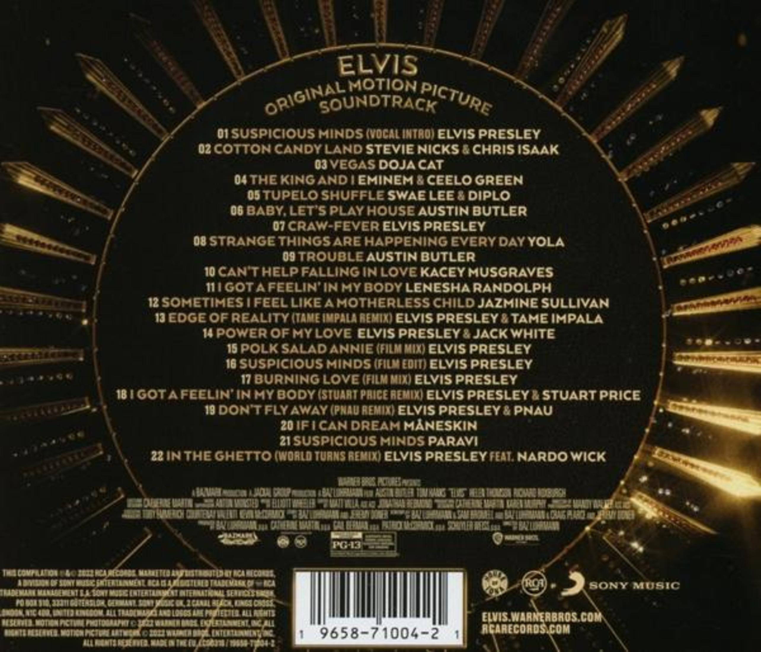 Copertina dell'album: Elvis, colonna sonora originale, sfondo dorato, tracklist.