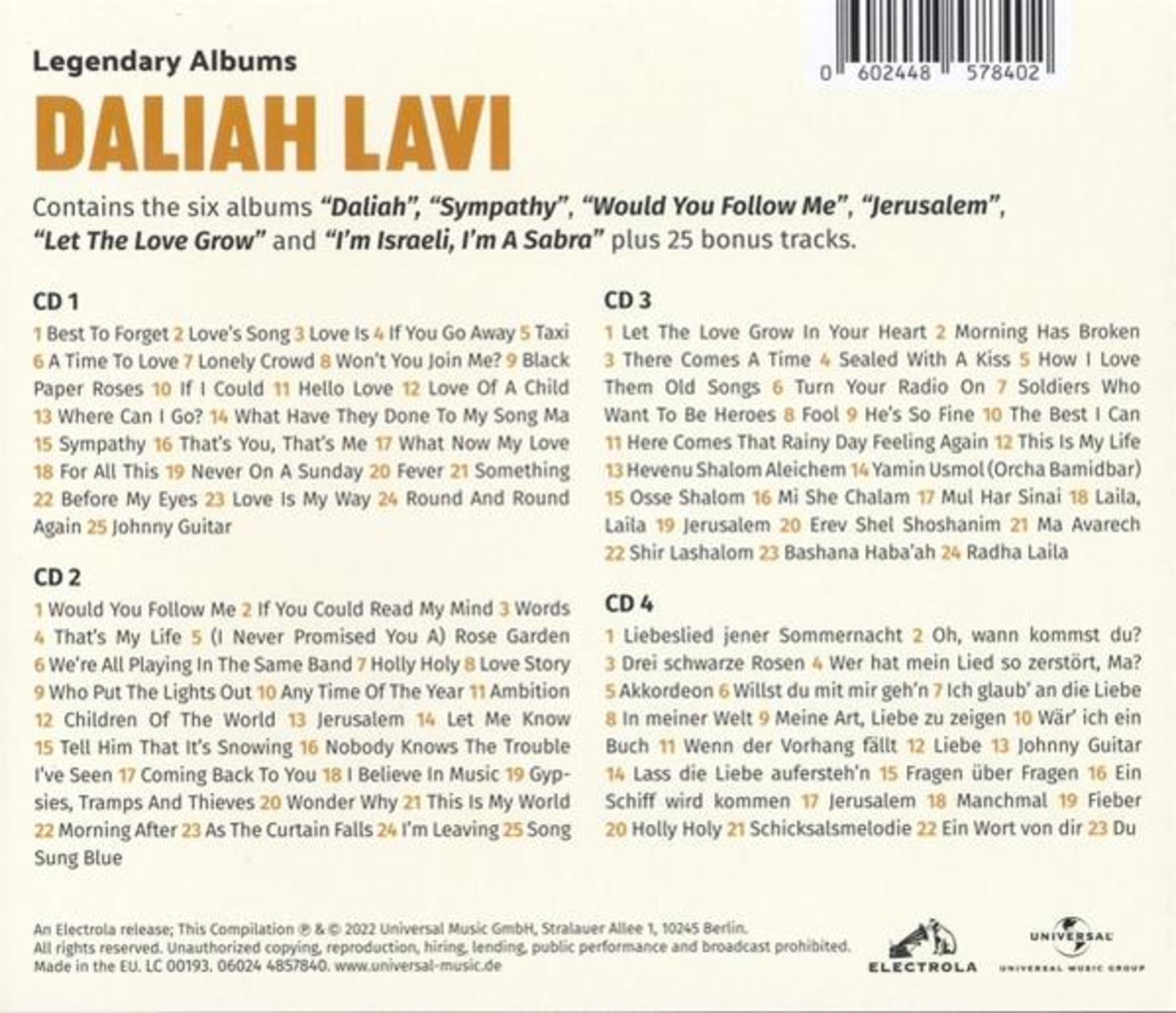 Copertina dell'album con il nome dell'artista 'Daliah Lavi', elenchi di brani e un codice a barre in alto. Sfondo bianco, testo in nero e oro.
