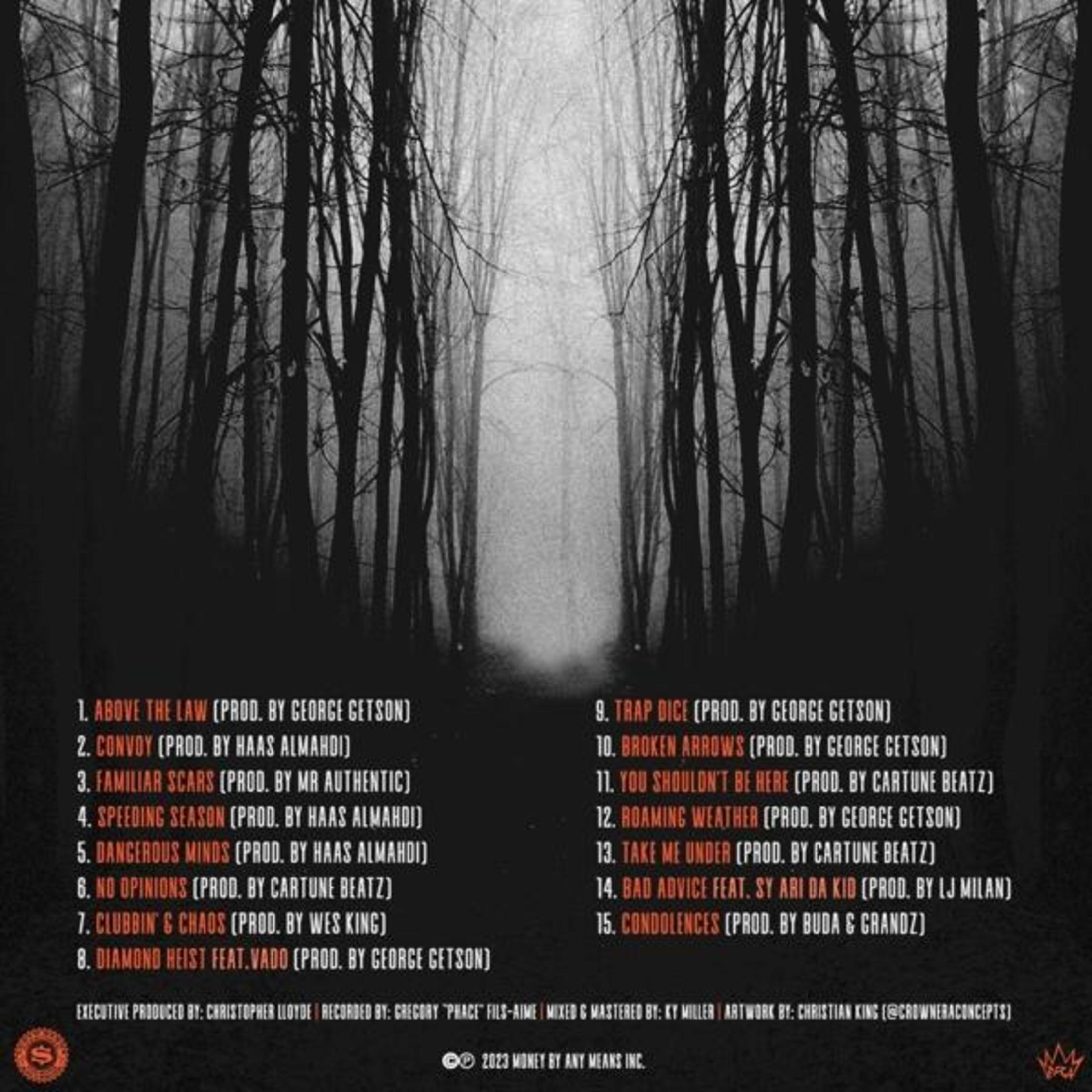 Retro di album con un elenco di canzoni e crediti su uno sfondo di foresta in scala di grigi.