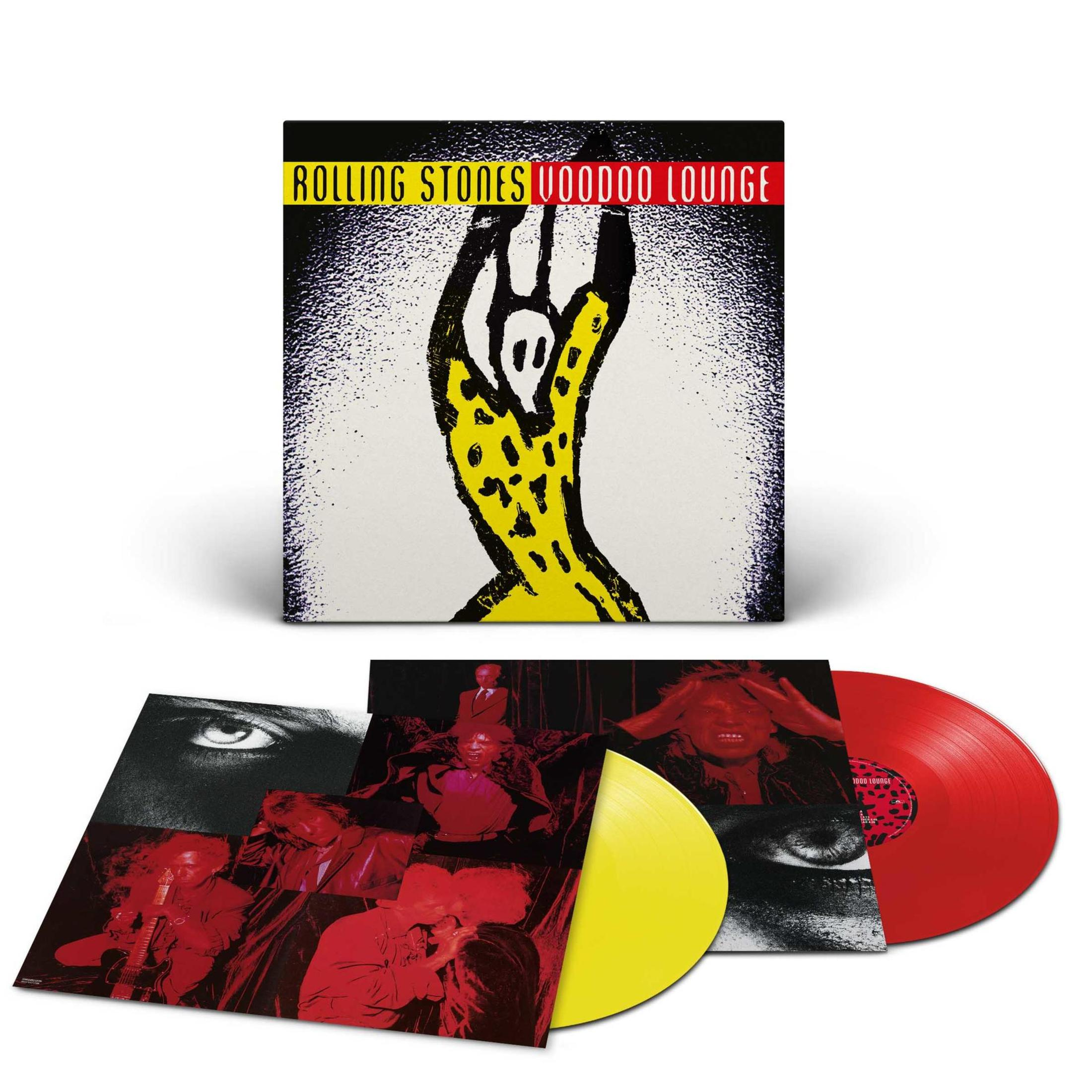 Portada del álbum de los Rolling Stones. Una figura amarilla y negra sobre un fondo blanco. Varias inserciones del álbum presentes.