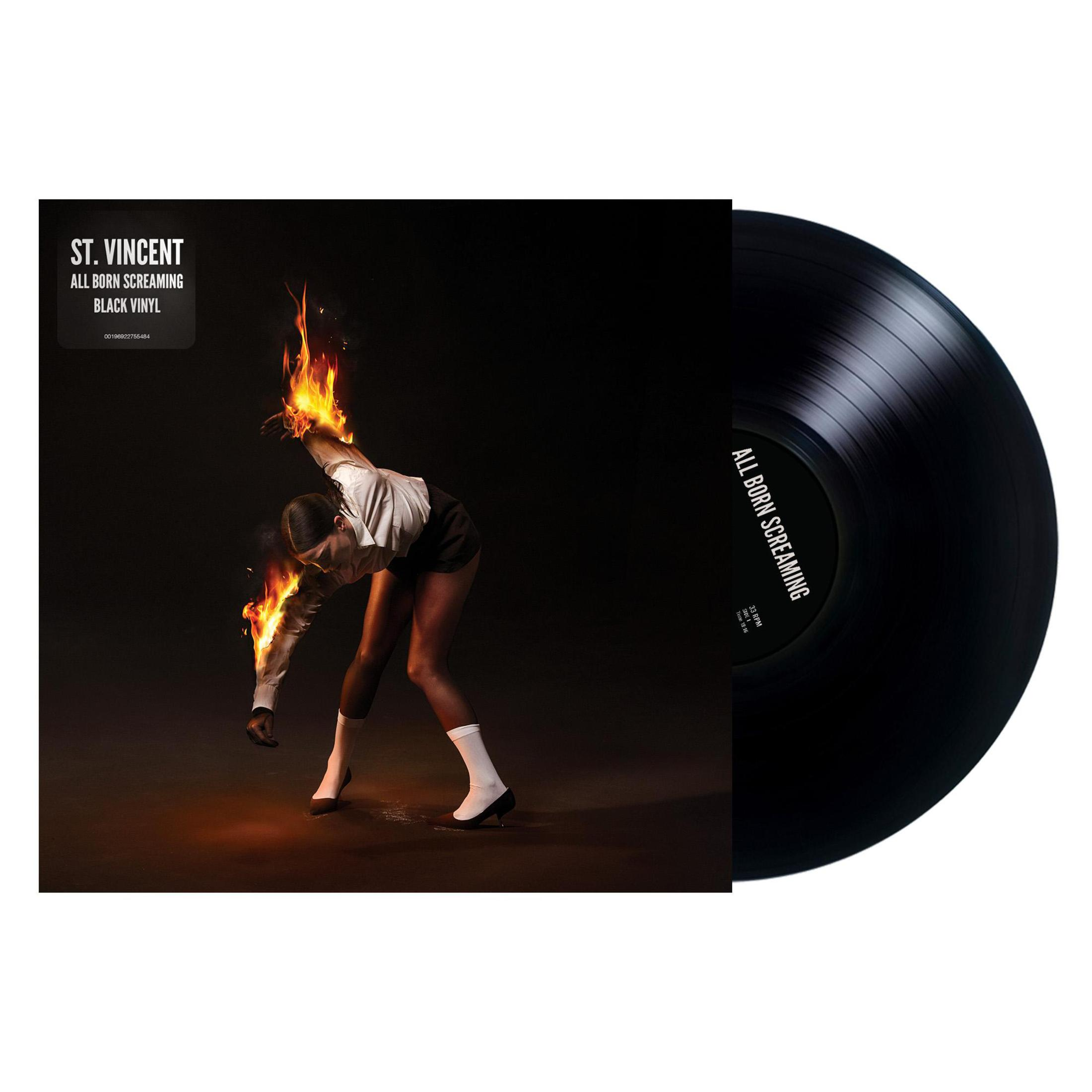 Copertina dell'album con una persona avvolta dalle fiamme, disco in vinile nero e testo.