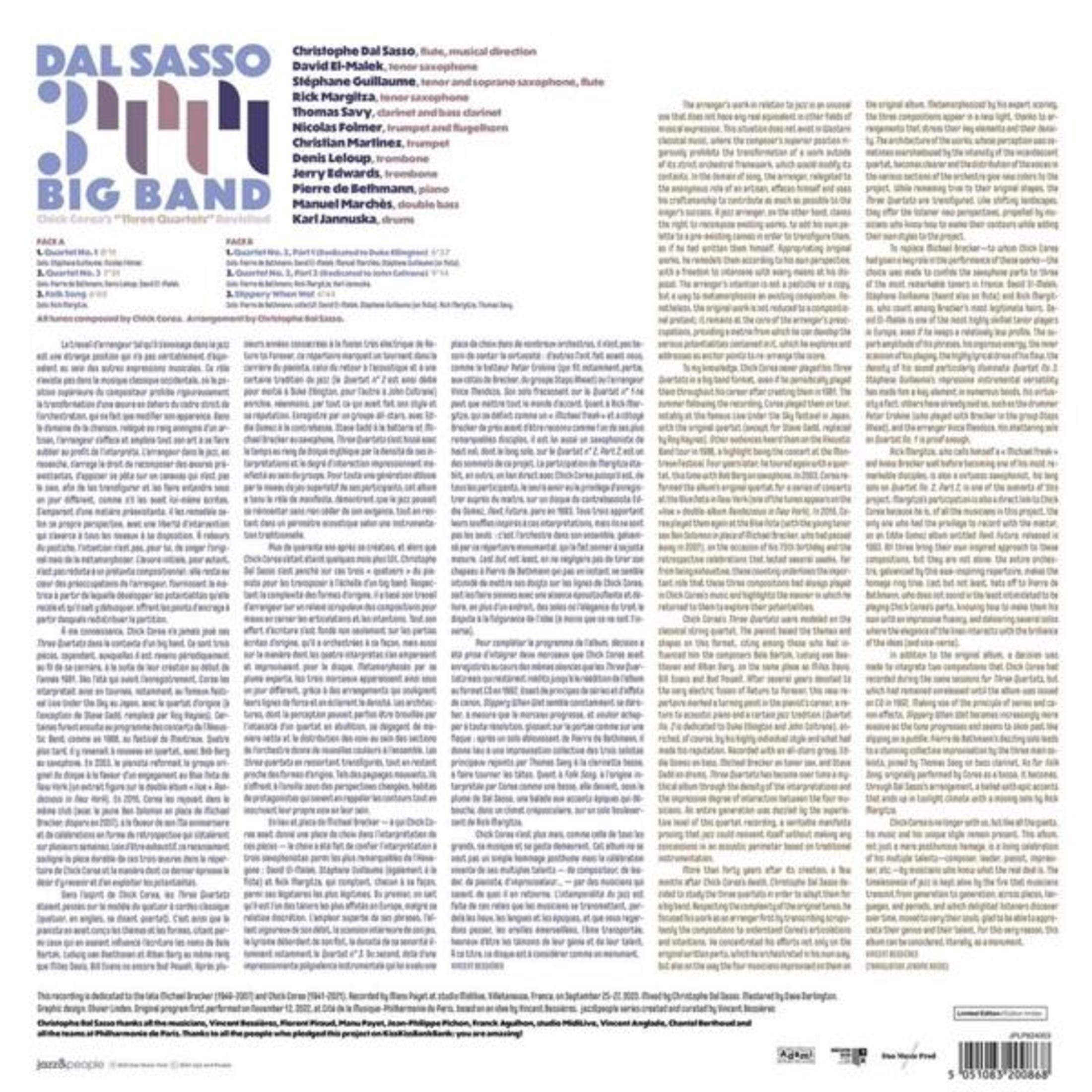Album cover: text and text in different languages. Dal Sasso Big Band, Chick Corea's Three Quartets.