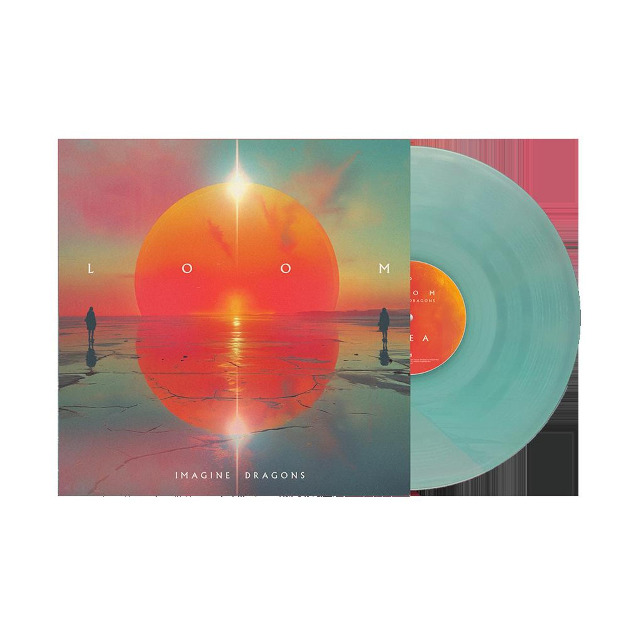 Copertina dell'album: sole arancione, riflesso nell'acqua e due figure. Vinile verde.